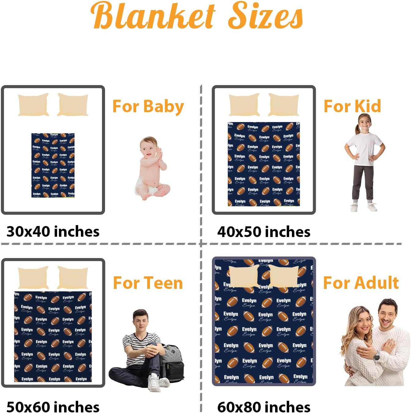 Custom Name Football Blanket - Personalized Names Soft Plush Flannel Throw Blankets for Baby Kids Teen Boys Girls Holidays Birthdays Gifts Color15