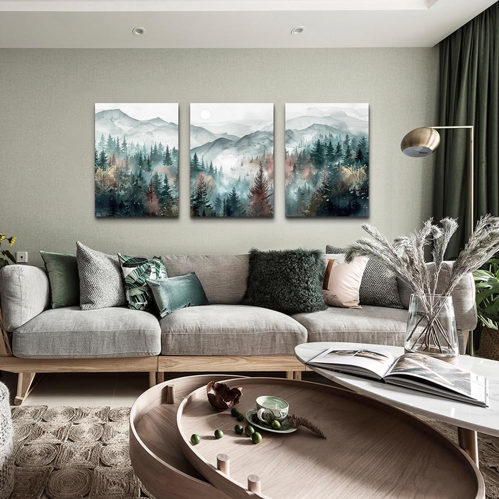 TTHYUEWS Wall Art For Living Room Farmhouse Decor For Bedroom Office Fog Forest Mountain Landscape Watercolour Paintings Artwork Ready To Hang Home Decorations 3 Piece