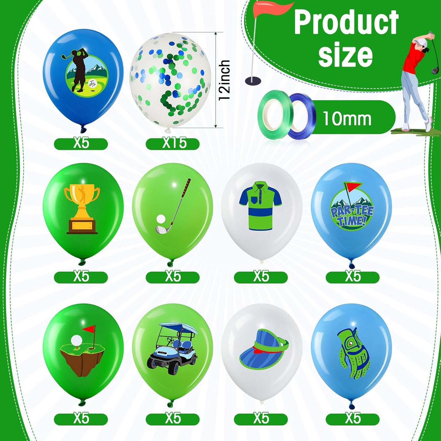 Capoda 60 Pcs Golf Theme Party Decoration 12 Inch Golf Balloons Bulk Navy Blue Green White Latex Balloons with 2 Ribbons for Kids Sport Birthday Party Decor Supplies