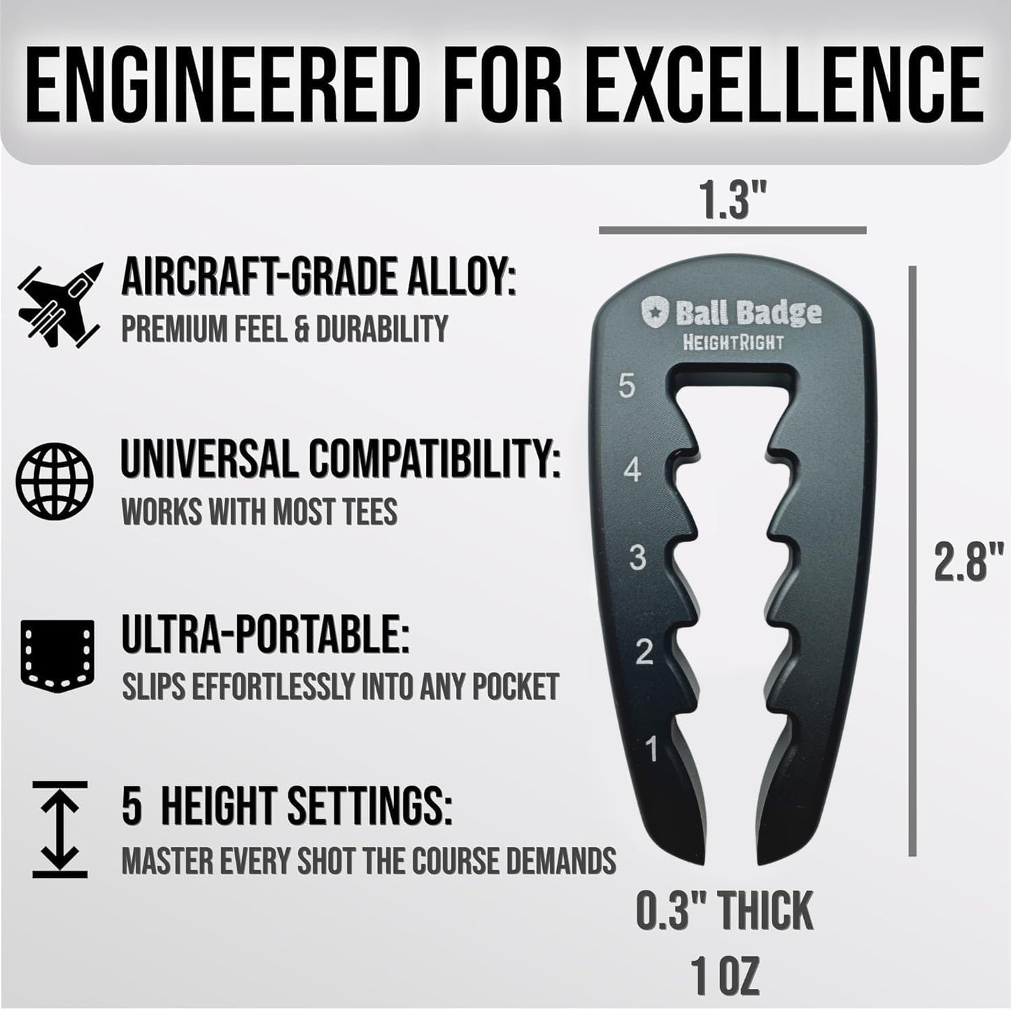 Ball Badge HeightRight Adjustable Golf Tee Height Tool – Precision Tee Height Setter for Consistent Swings, Durable Aluminum Design, Easy-to-Use Golf Training Aid