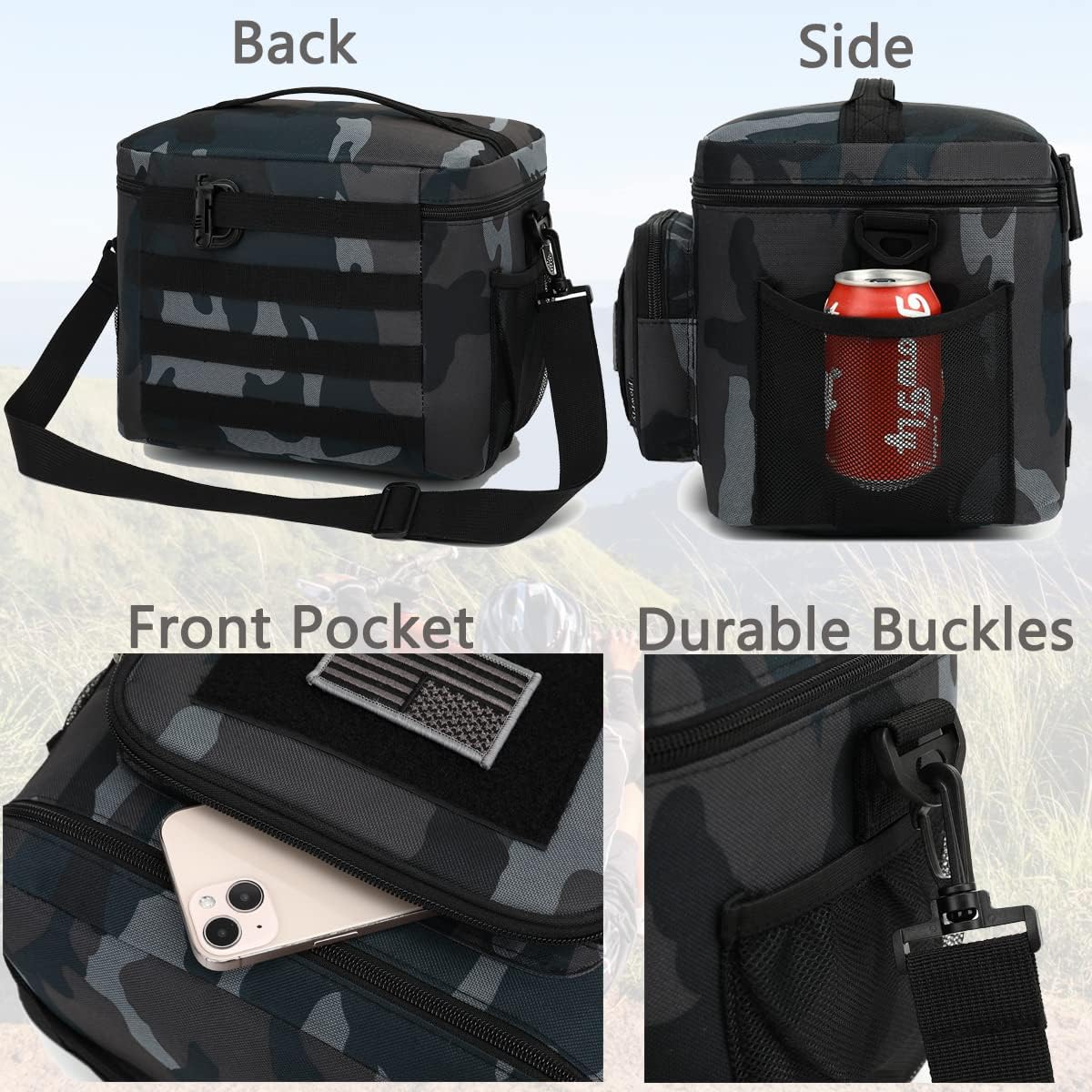 FlowFly Lunch Bag, Insulated Cooler, Thermal Lunch Box Tote with MOLLE/PALS Webbing, Adjustable Padded Shoulder Strap, for Tactical Men Women Adults and Boys Girls Kids (Black#Camo, Large)