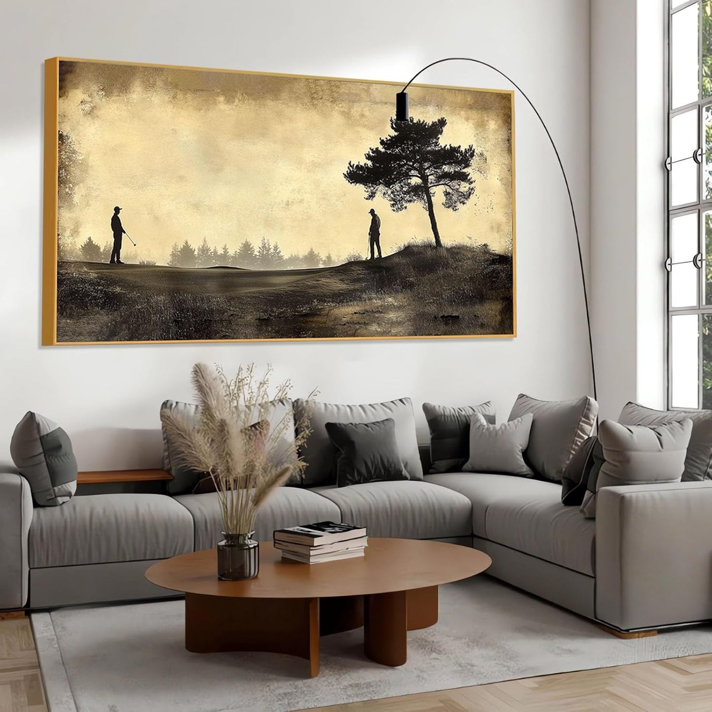 Vintage Golfers Landscape Wall Art, Golf Canvas Print, Golfers Picture Artwork for Wall, Rustic Wall Art, Horizontal Wall Decor, Vintage Sports Poster, Gift for Dad, Man Cave Decor (Black Framed, 55"x27"|140x70cm)