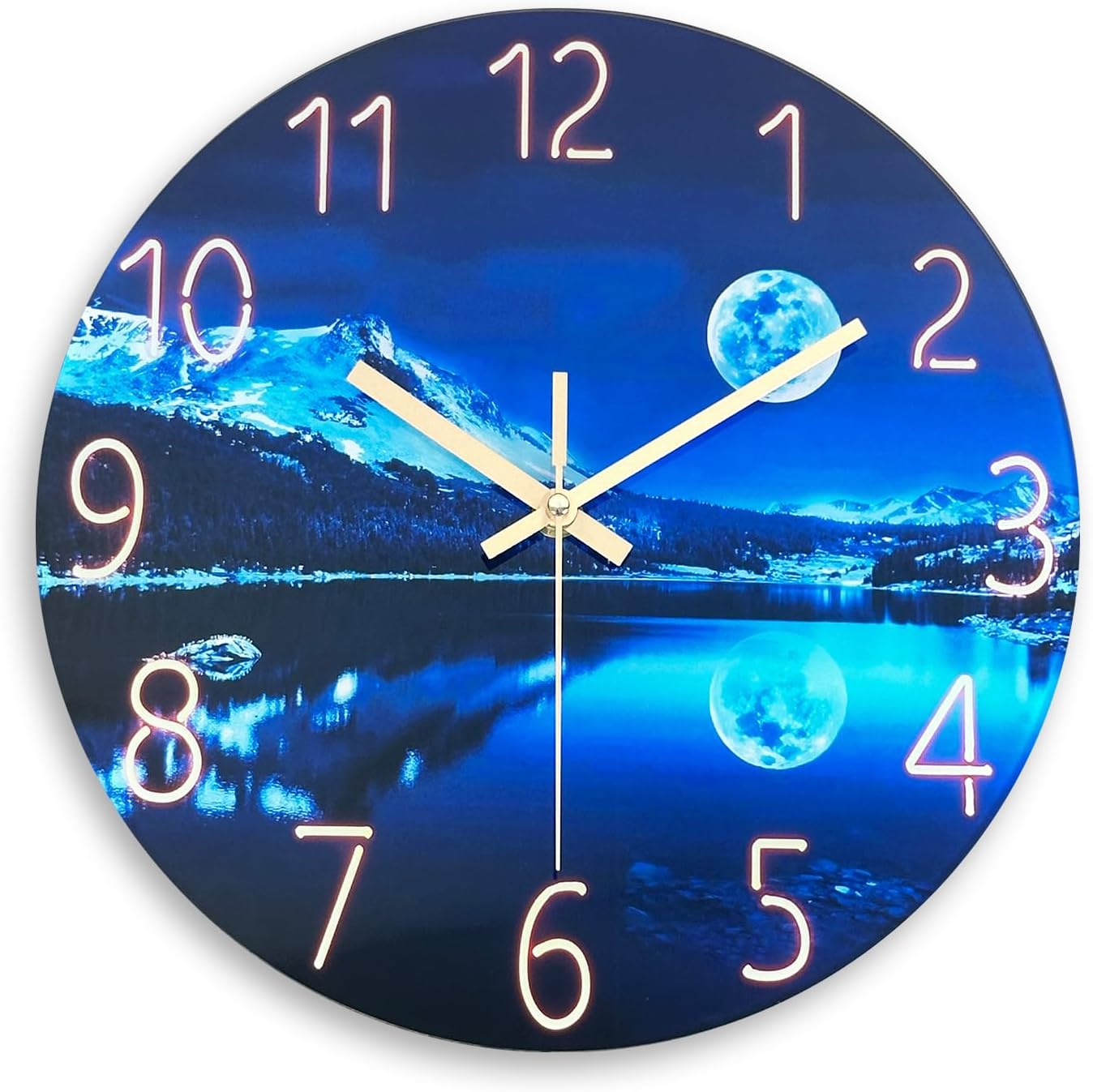 Big Wall Clocks Battery Operated 16 Inches or Larger Glass Moon Clock for Kitchen Blue Wall Clock Non Ticking