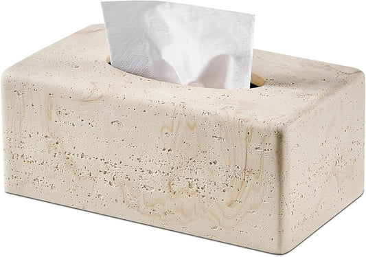 Natural Travertine Textures Tissue Box Cover Rectangular (Only Suitable for Standard Sized Tissue Box) for Decor,Resin Tissue Box for Bathroom Countertop,Bedside,Office（Made of Resin, Height of 4 in