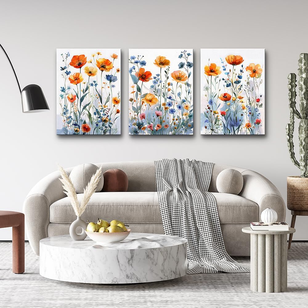 TTHYUEWS Boho Wall Art for Living Room & Bedroom - Modern Wall Decorations - 3 Piece Set - Flowers Watercolour Paintings & Posters - Home Decor