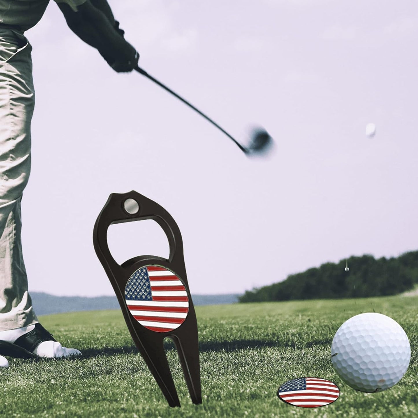 2 Pcs Golf Divot Repair Tool Divot Tool and Ball Marker, Gift Ideas Golf Multitool for Men Golfers (Flag)