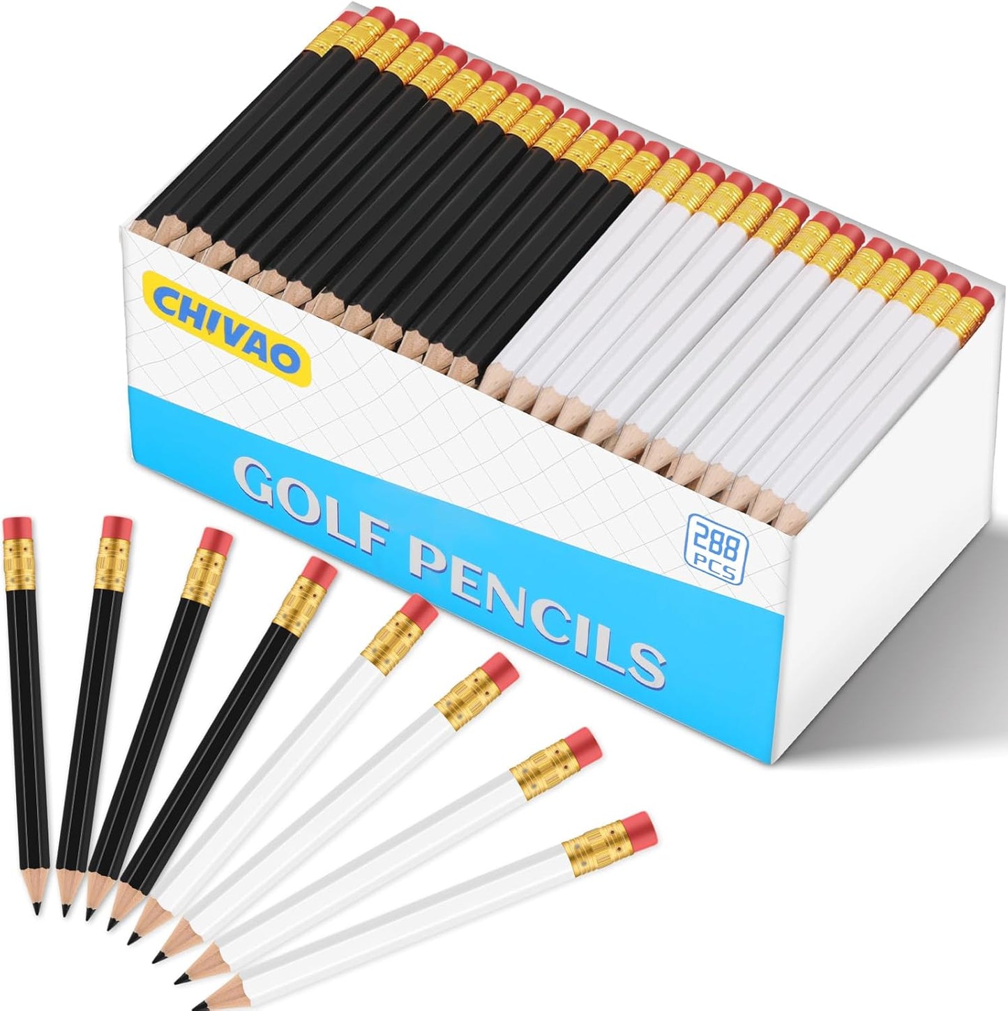 Chivao 288 Pieces Golf Mini Pencils Bulk with Eraser #2 HB Golf Short Pre Sharpened Pencils for Party Favors Office Supplies 4 Inch (Black and White)