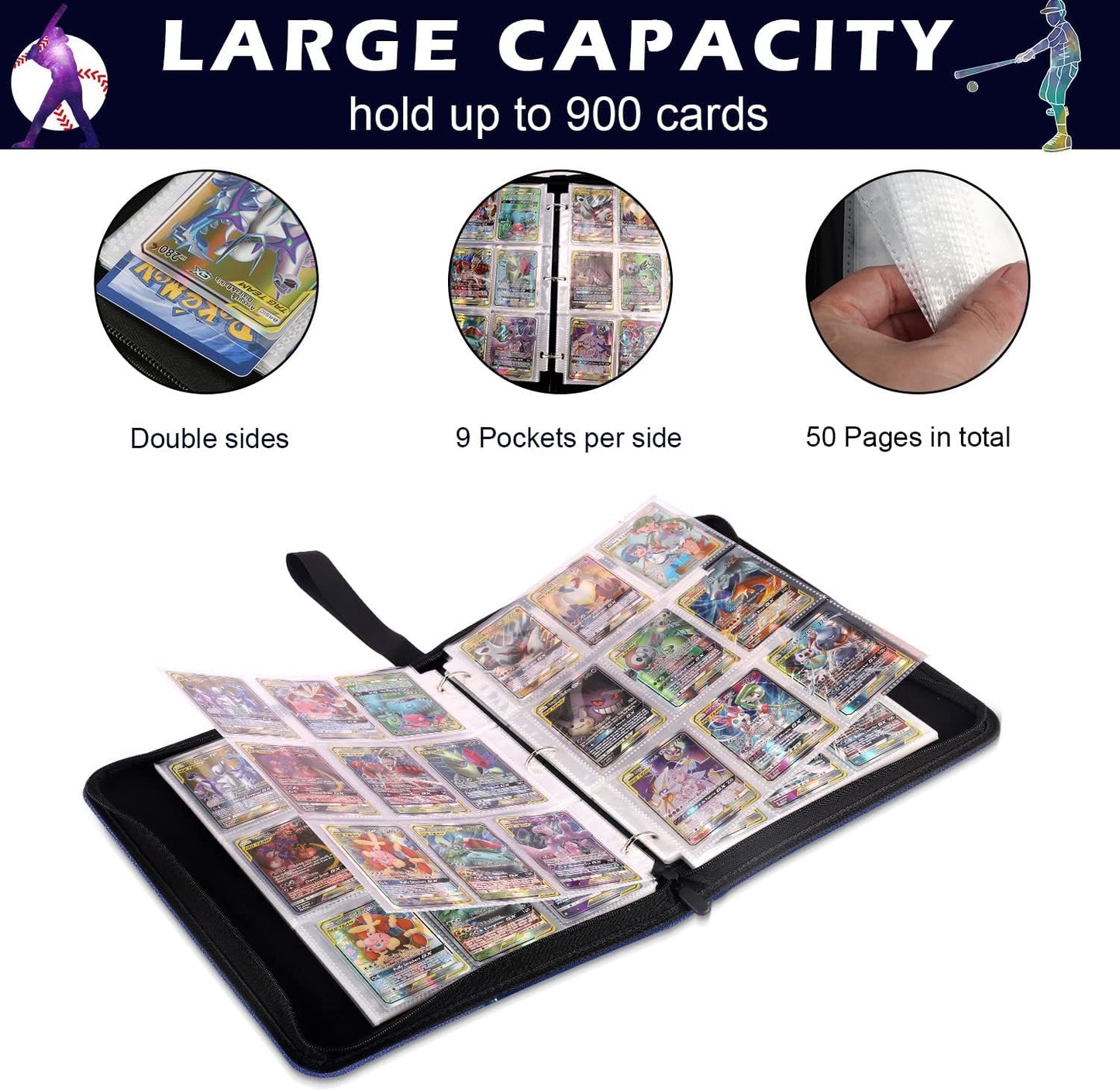 Baseball Card Binder with Sleeves, Sports Card Binder Collectible Trading Card Albums Fits Cards with 50 Removable Sleeves (White, 900 Pockets)