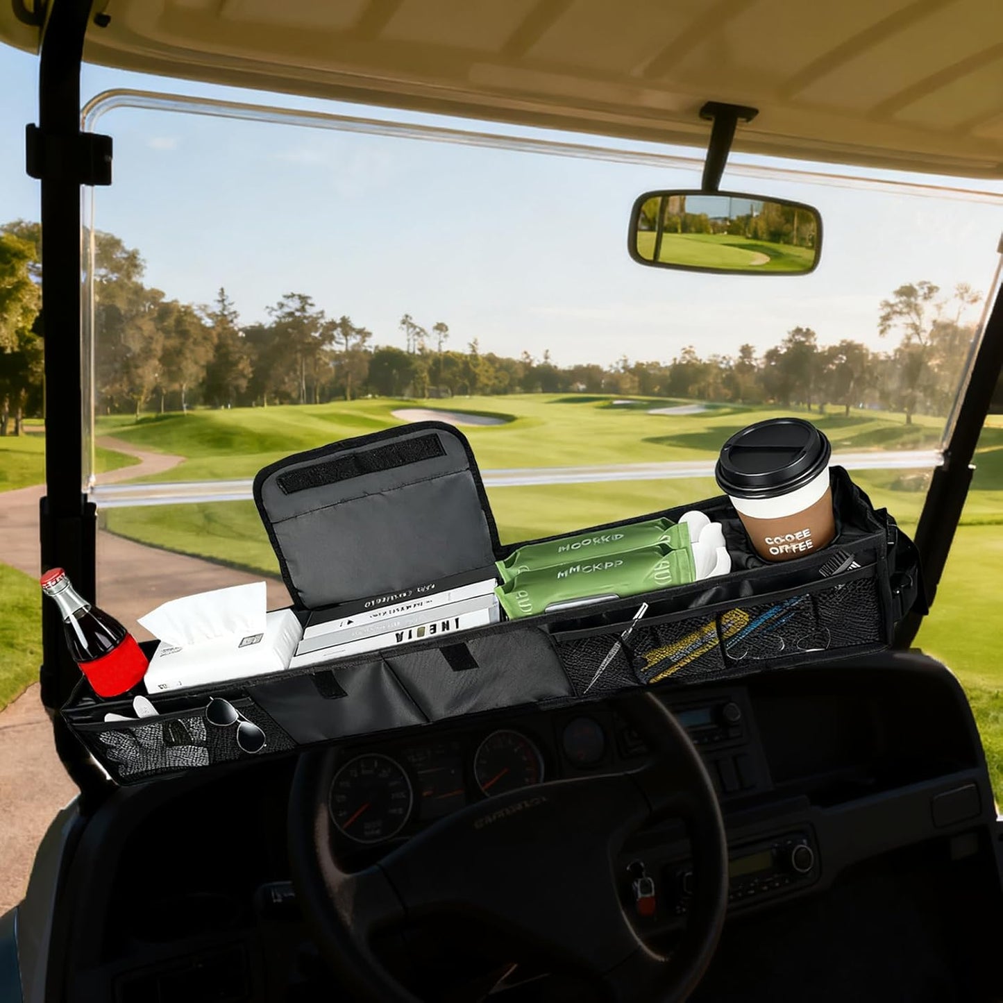 Golf Cart Storage Organizer,Golf cart Dash Storage， No-Drilling Dash Tray Organizer Compatible with EZGO, Club Car, Kandi Electirc Golf Cart, Golf Cart Front Storage Basket with Insulated Cup Holders