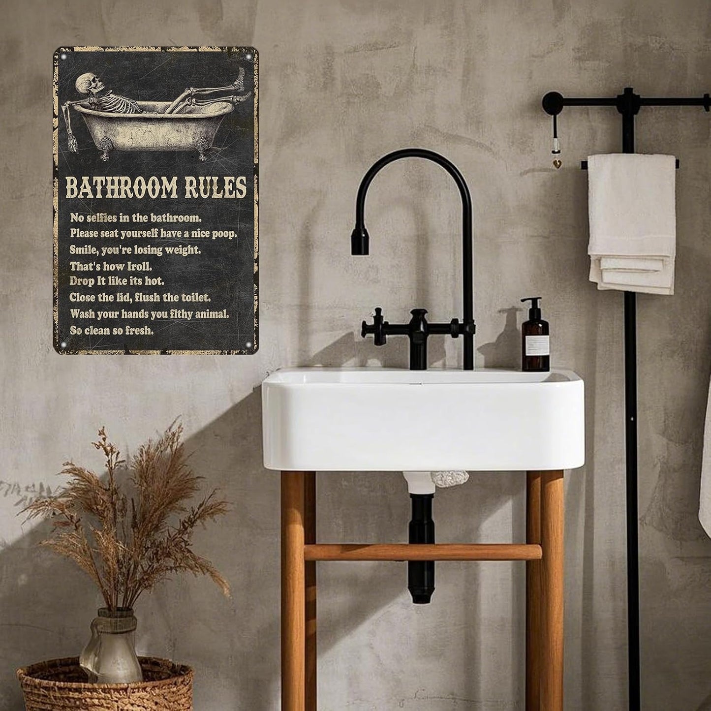 Funny Skull Bathroom Rules Metal Tin Sign Wall Decor - Vintage Bathroom Quote Tin Sign for Toilet Restroom Washroom Home Decor 12x8 Inch