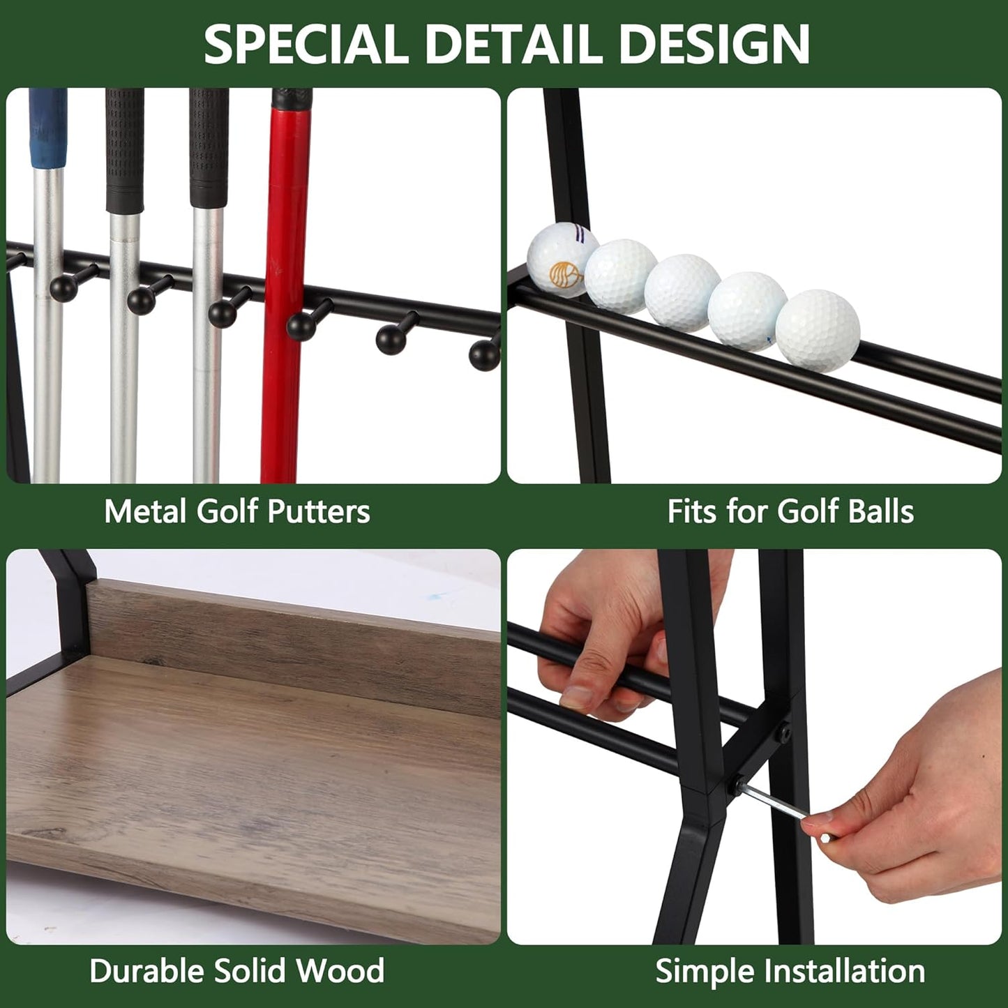 Golf Putter Stand for 9 Clubs & 9 Balls, Solid Wood & Iron Golf Club Rack