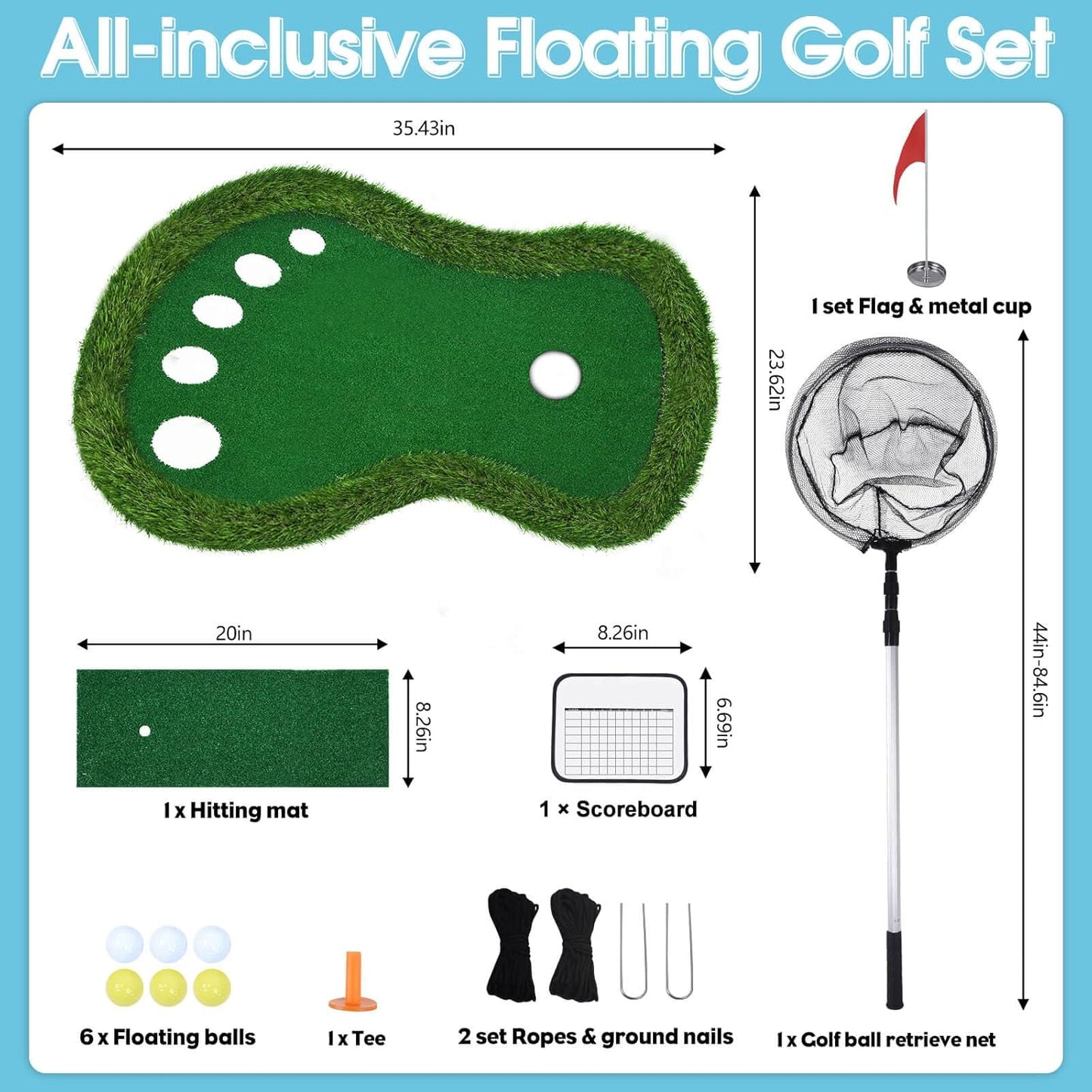 Floating Golf Green for Pool, Patented Pool Golf Game Floating Mat with Ball Retrieve Net/Scoreboard for Party & Training
