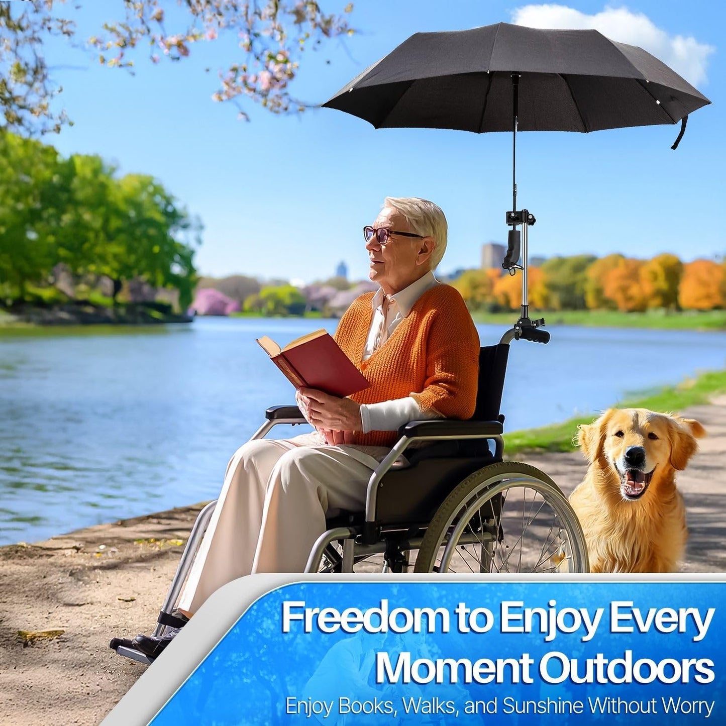 Flexzion Adjustable Bicycle Umbrella Clamp Holder – Universal Stroller Attachment, Wheelchair Umbrella Holder for Bike, Golf Cart, Beach Chair – Stainless Steel Quick Mount Frame