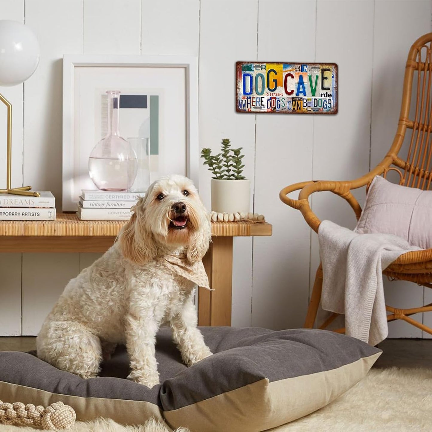 Vintage License Plate Wall Decor Dog Cave Where Dogs Can Be Dogs Metal Tin Sign 12 x 6 Inches