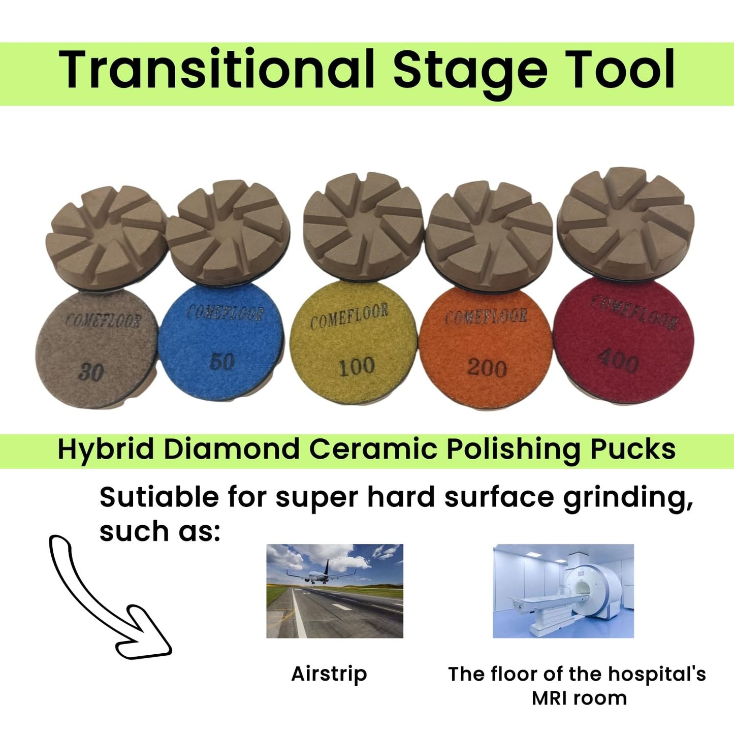 Hybrid Diamond Ceramic Polishing Pucks, Aggressive Concrete Terrazzo Floor Hook n Loop Grinding Pads, 3 Inch Long Using Life Transitional Discs,200# 3PCS
