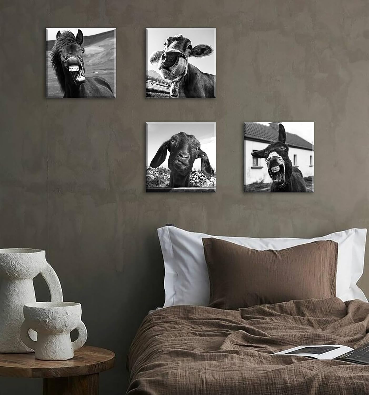 Black and White Wall Art Animal Wall Decor Horse Donkey Sheep Cow Canvas Pictures Prints Funny Decor Posters for Mens Bedroom Office Farmhouse Decoration Stretched Framed Ready to Hang 12×12 inch×4