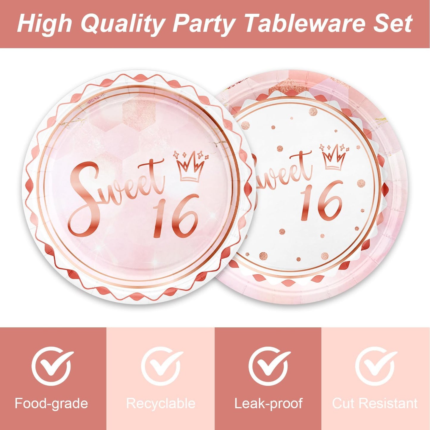 48Pcs Sweet 16 Party Decorations 16th Tableware Set Supplies Pink Disposable Birthday Plates Napkins Forks Serves 16 Sweet Sixteen Party Decorations For Girls