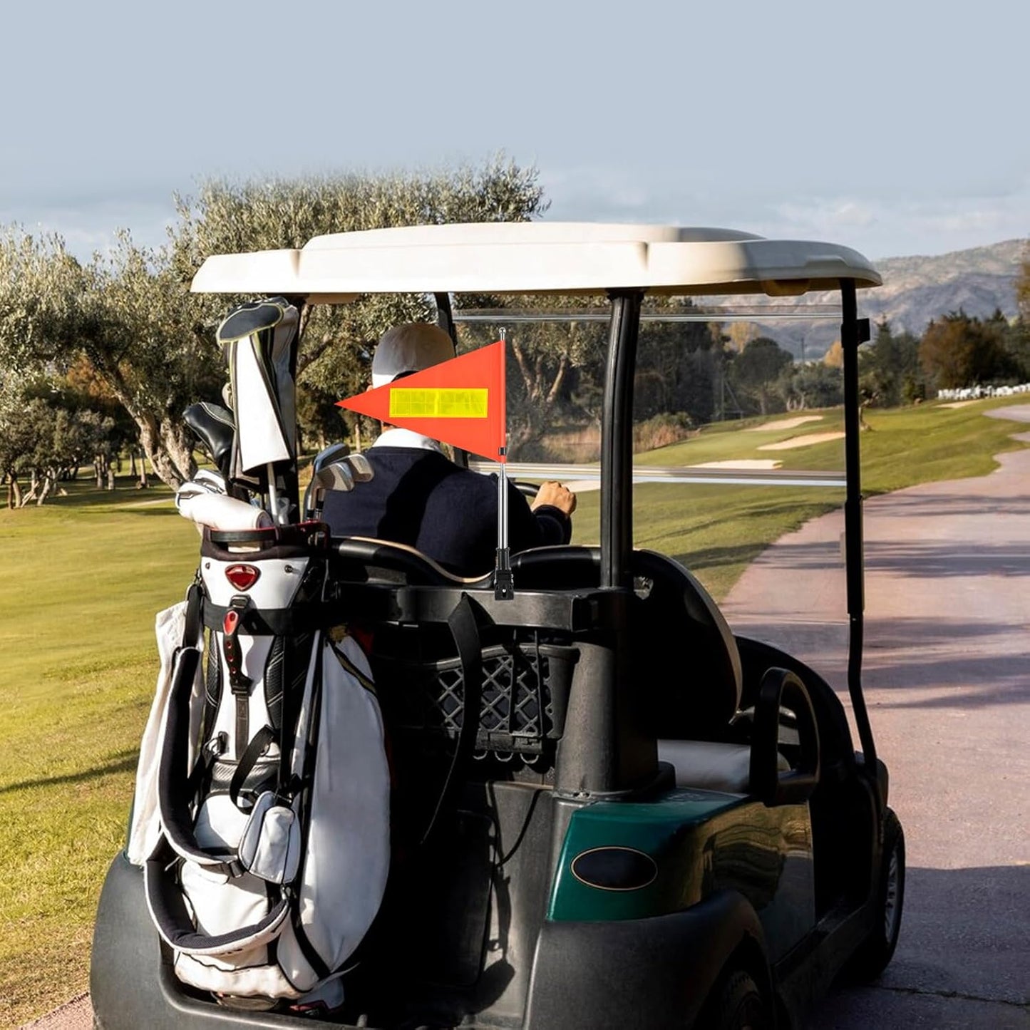 Golf Cart Flag 22x30cm Orange Safety Flag with Reflective Strips and PVC Flagpole
