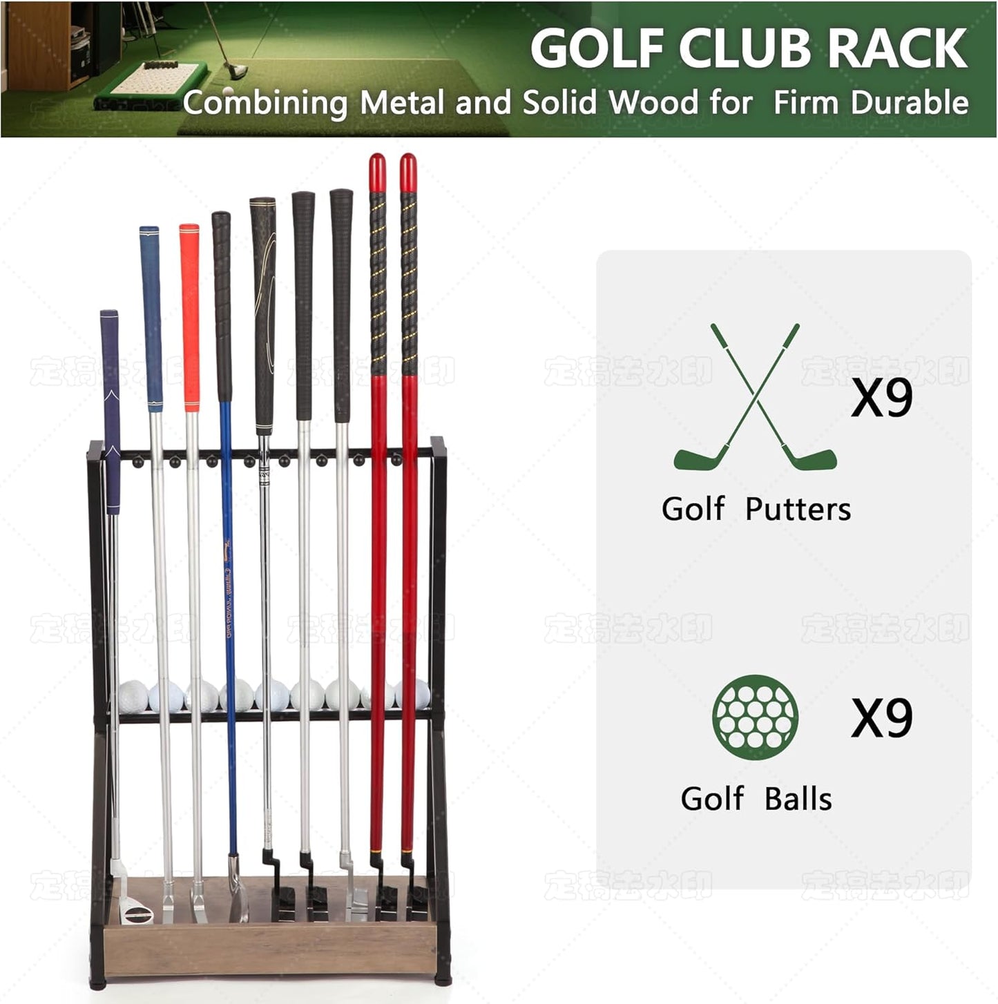 Golf Putter Stand for 9 Clubs & 9 Balls, Solid Wood & Iron Golf Club Rack