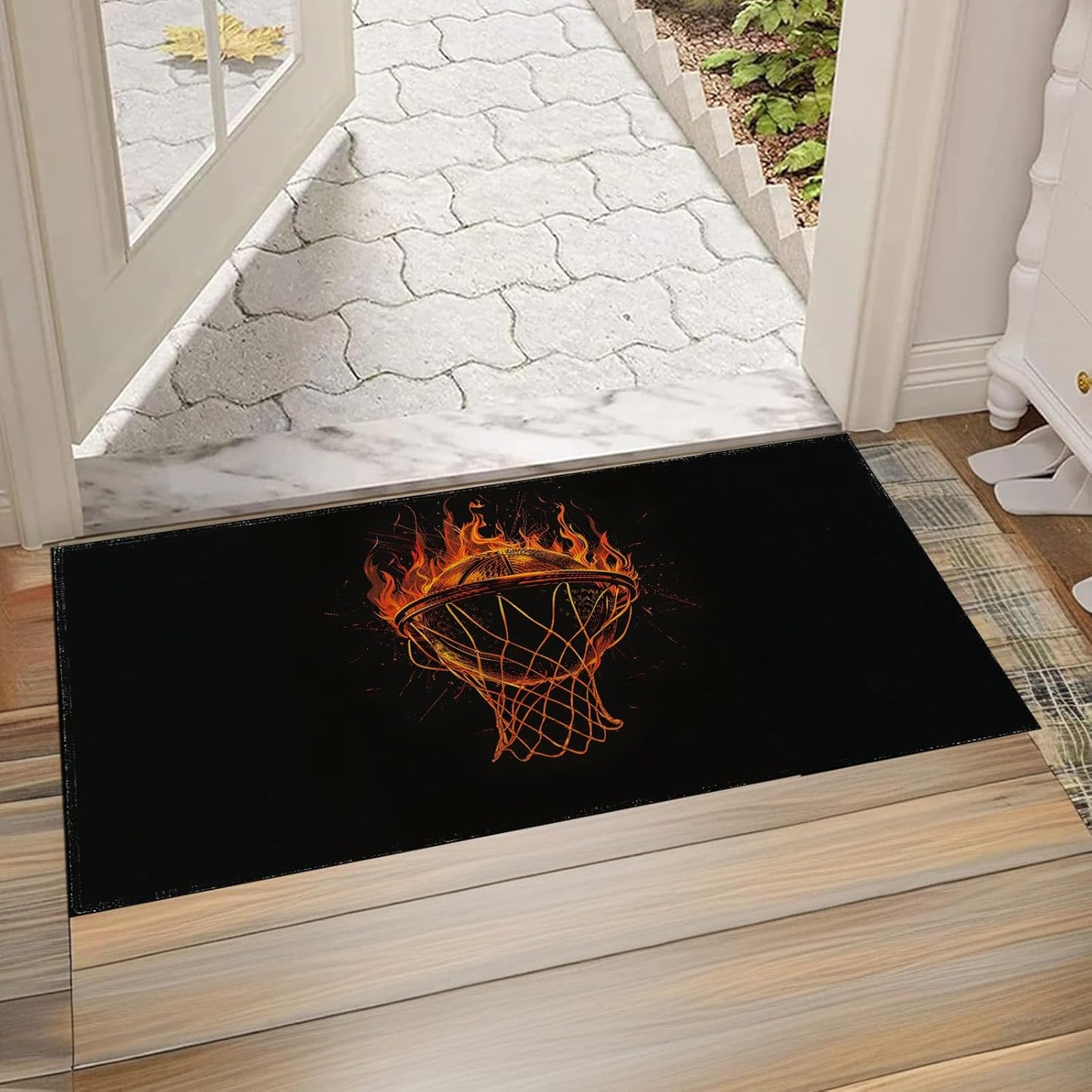 Basketball Fire Indoor Doormat, Non-Woven Fabrics Non Slip Floor Mat 17x29.5 in Area Rug Quick Absorbent Entrance Rug Front Door Mat, Welcome Mats Entryway Rug Doormats for Kitchen Home Bedroom