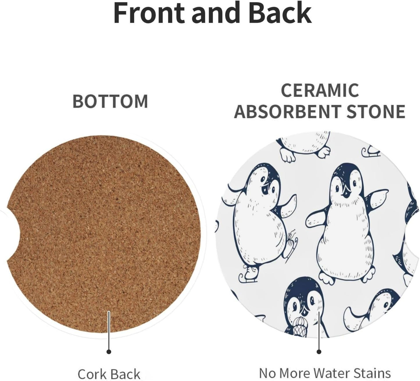 Car Cup Holder Coasters, Cute Penguins Car Coasters for Cup Holder Drinks, 2 Pack Ceramic Auto Interior Accessories for Women Men