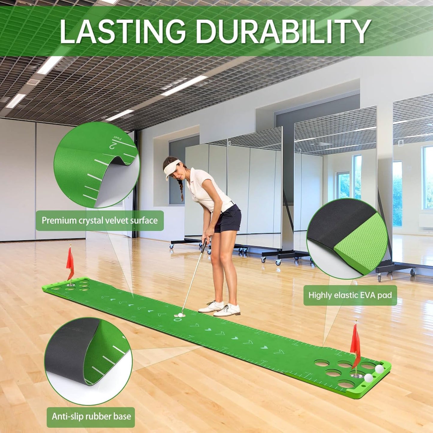 Golf Putting Game Set with Front Border for Indoor & Outdoor,Golf Putting Green Mat Include 4 Balls,1 Portable Bag,2 Flags&Cups,Practice Training Aid for Backyard,Party,Office