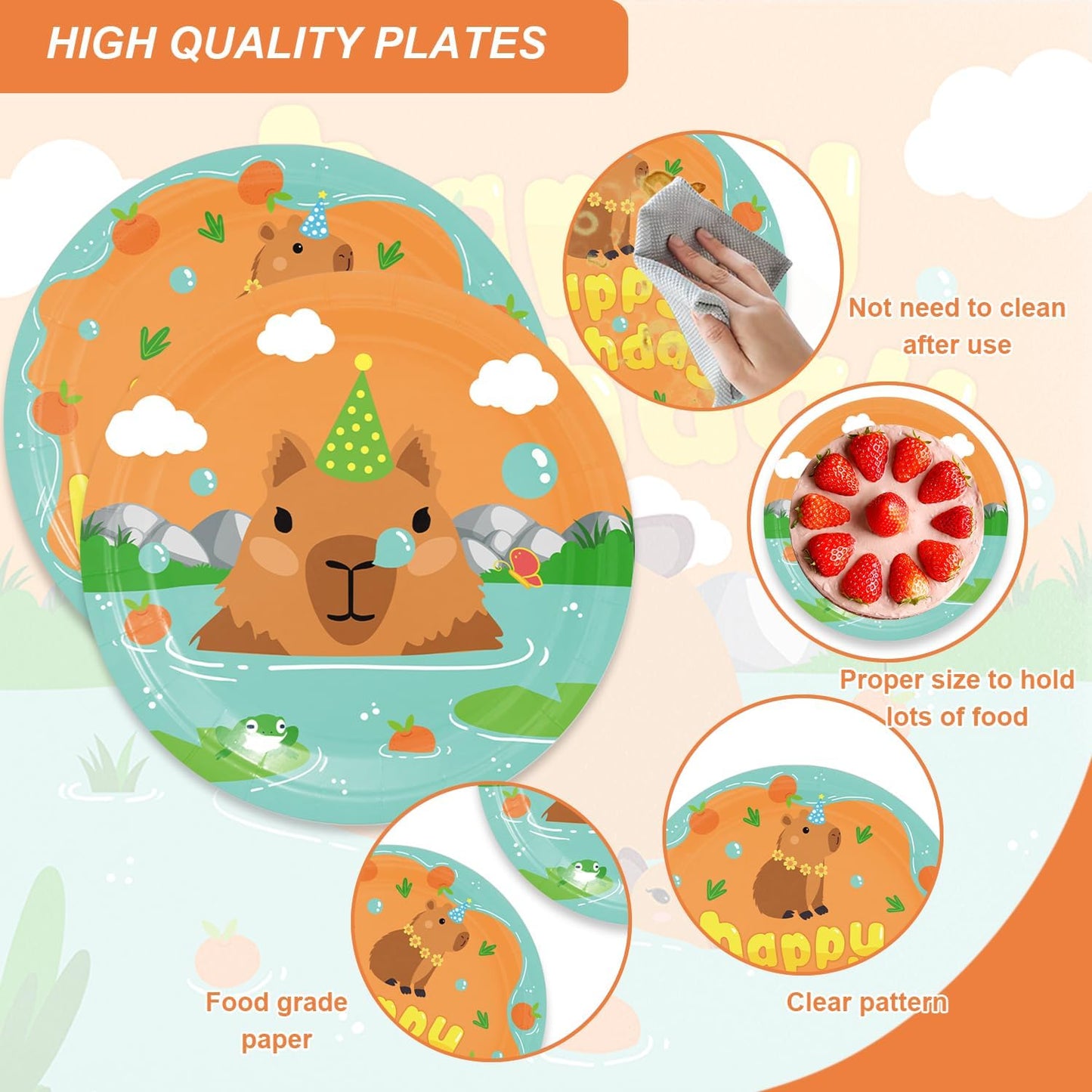 48Pcs Capybara Birthday Decorations Cartoon Capy Theme Baby Shower Plates and Napkins Forks Serves 16 Guests Capybara Birthday Party Decorations