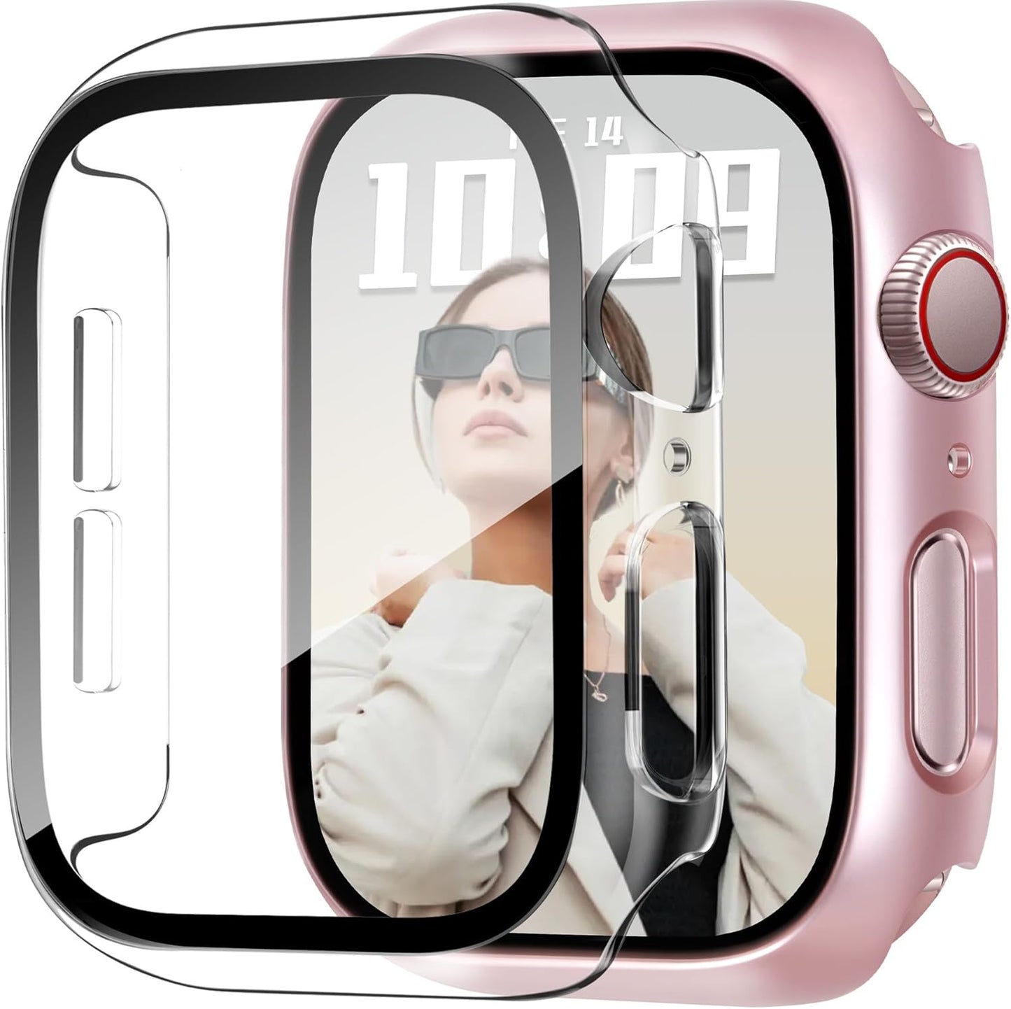 JR.DM 40mm 2 Pack Hard PC Case with HD Tempered Glass Screen Protector for Apple Watch Series 6/5/4/SE/SE2/SE3, Guard Bumper Full Protective Anti-Scratch Face Cover for iWatch, Pink/Clear