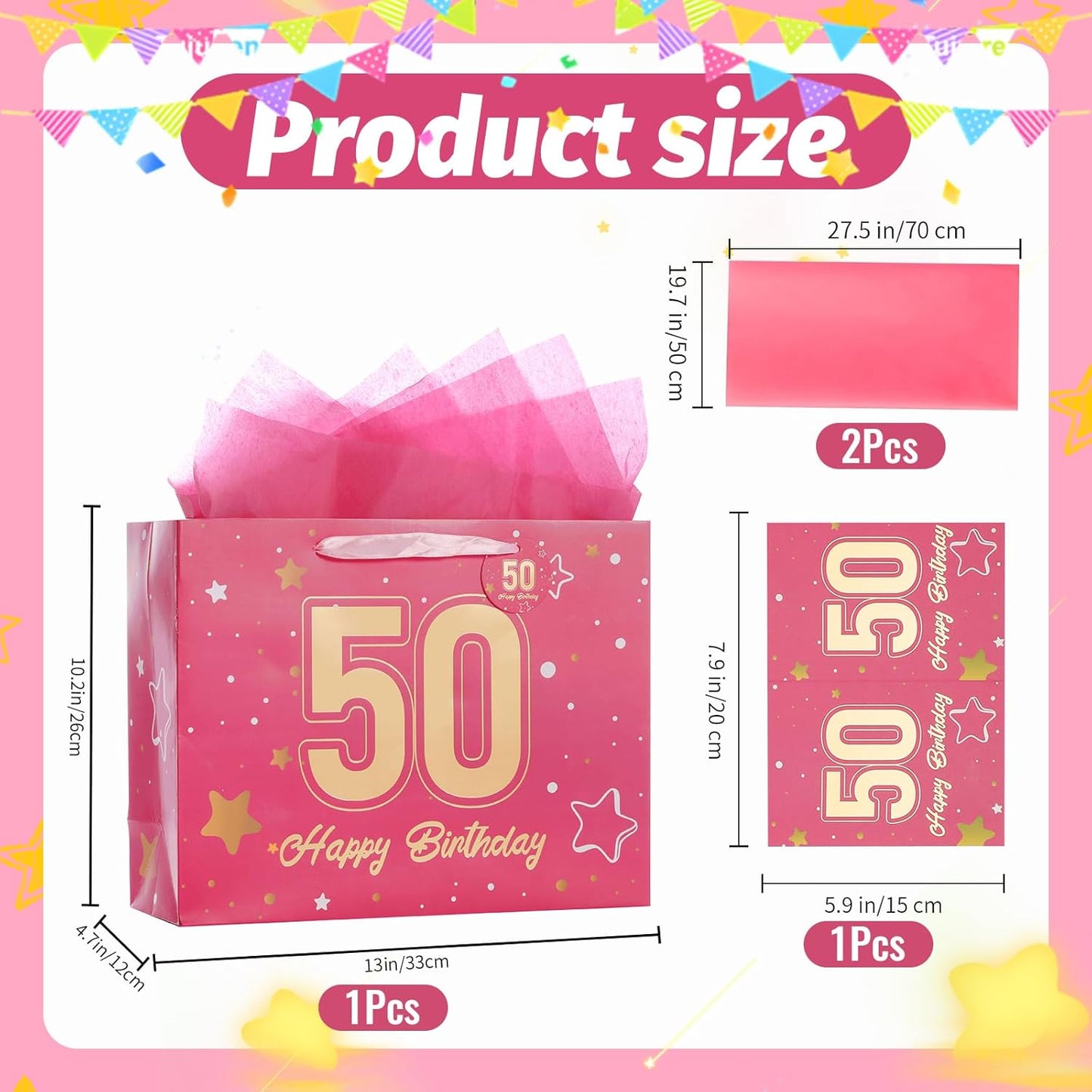 Powbrace 13" Pink Happy Birthday Gift Bag with Tissue Paper and Greeting Card for Party,Happy Birthday Gift Bag for Men Women,Gift Bags Medium size(1 Pink 30th)