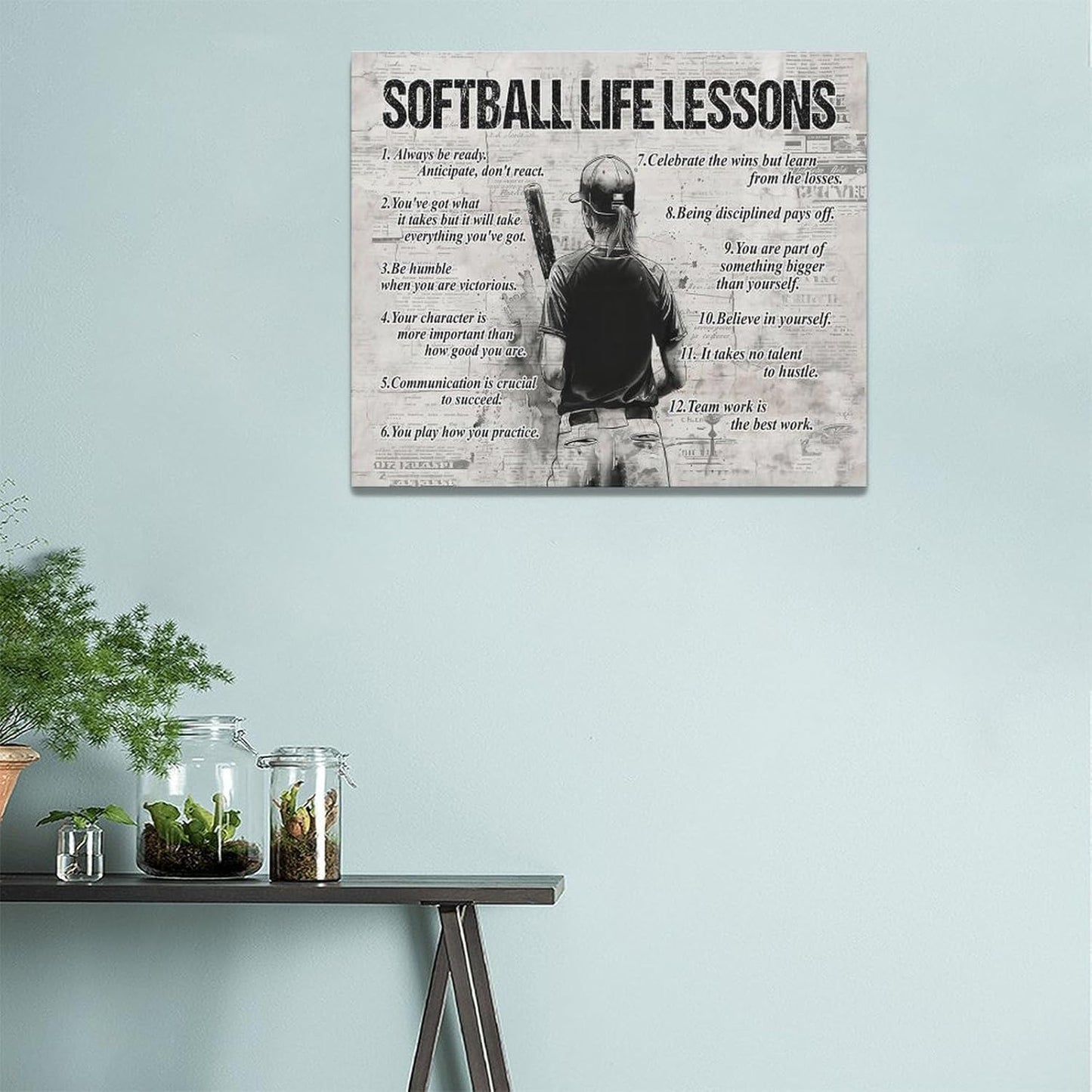 Softball Sports Wall Art Softball Life Lessons Wall Decor Softball Sign Retro Poster Boy Girls Men Room Motivational Decorations Canvas Print Painting Artwork for Bedroom Bathroom Living Room 24"x20"