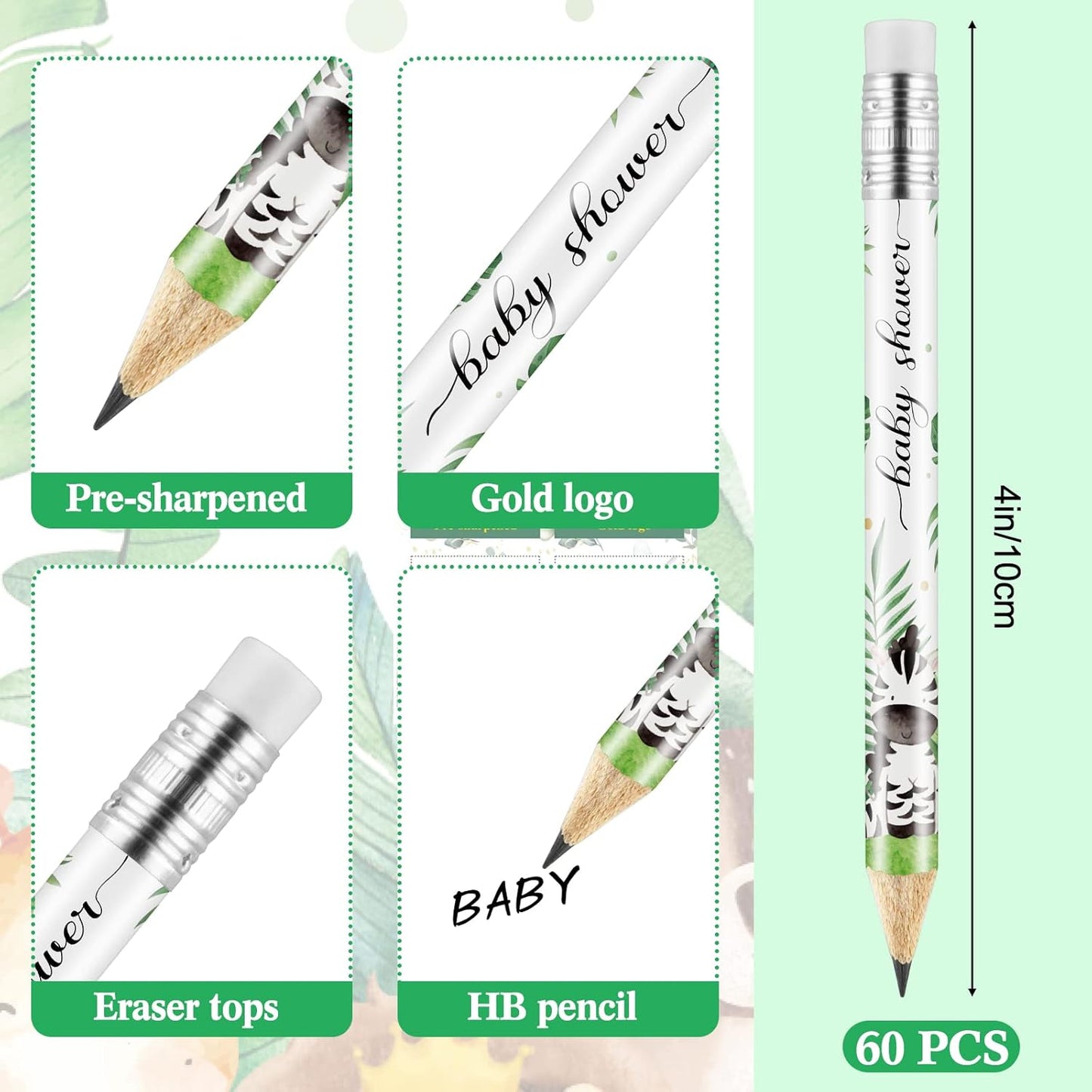Tinlade 60 Pcs Jungle Animals Baby Shower Golf Pencils with Erasers Small Kids Sharpened Mini Pencils for School in Bloom Baby Shower Supplies