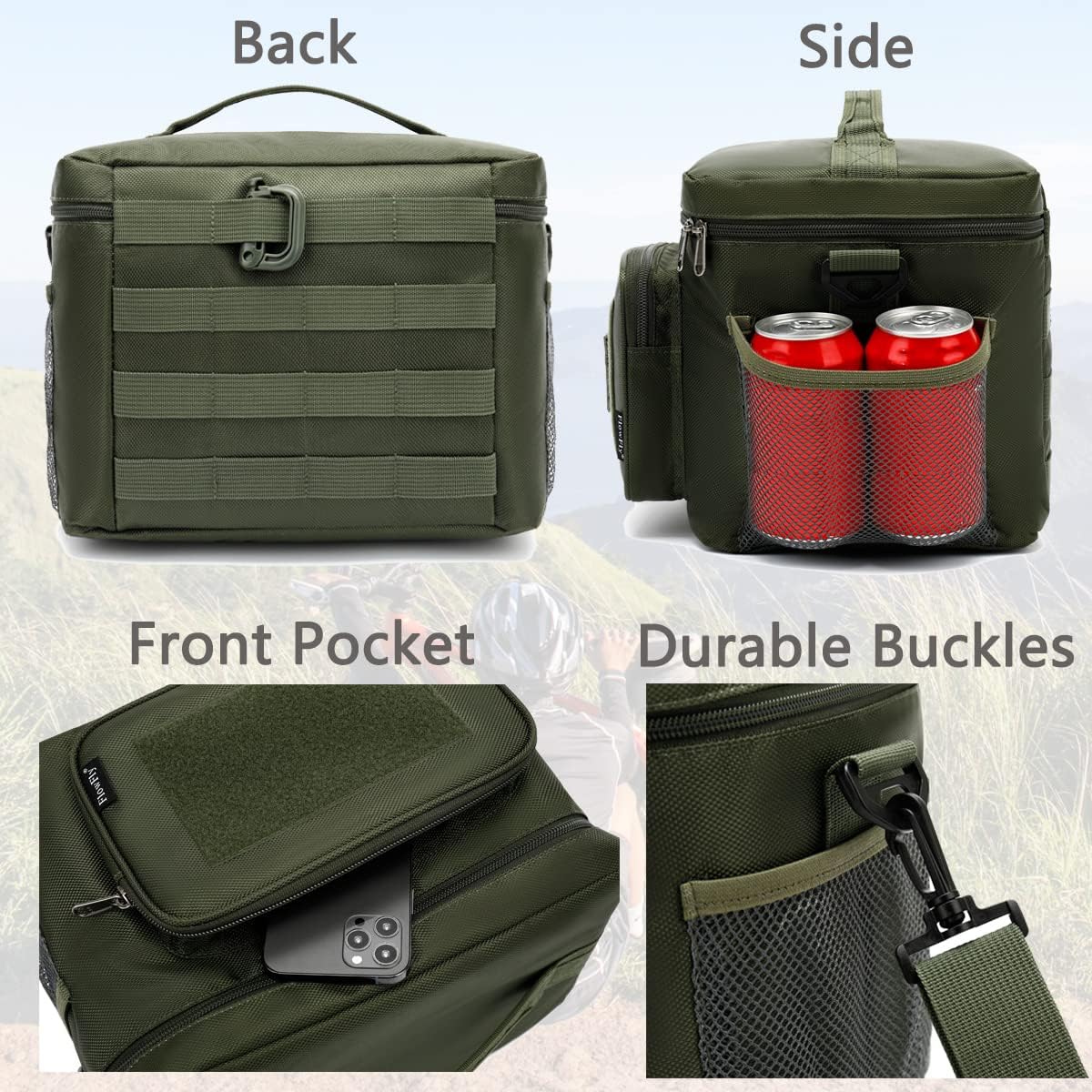FlowFly Tactical Lunch Bag Large Insulated Lunch Box Cooler Tote for Men, Women with MOLLE/PALS Webbing (Army#Green, Large)
