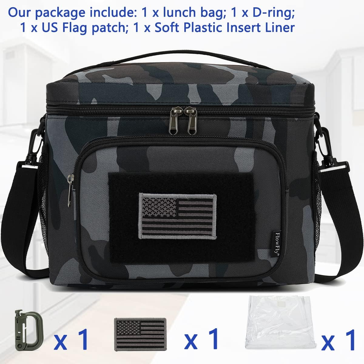 FlowFly Lunch Bag, Insulated Cooler, Thermal Lunch Box Tote with MOLLE/PALS Webbing, Adjustable Padded Shoulder Strap, for Tactical Men Women Adults and Boys Girls Kids (Black#Camo, Large)