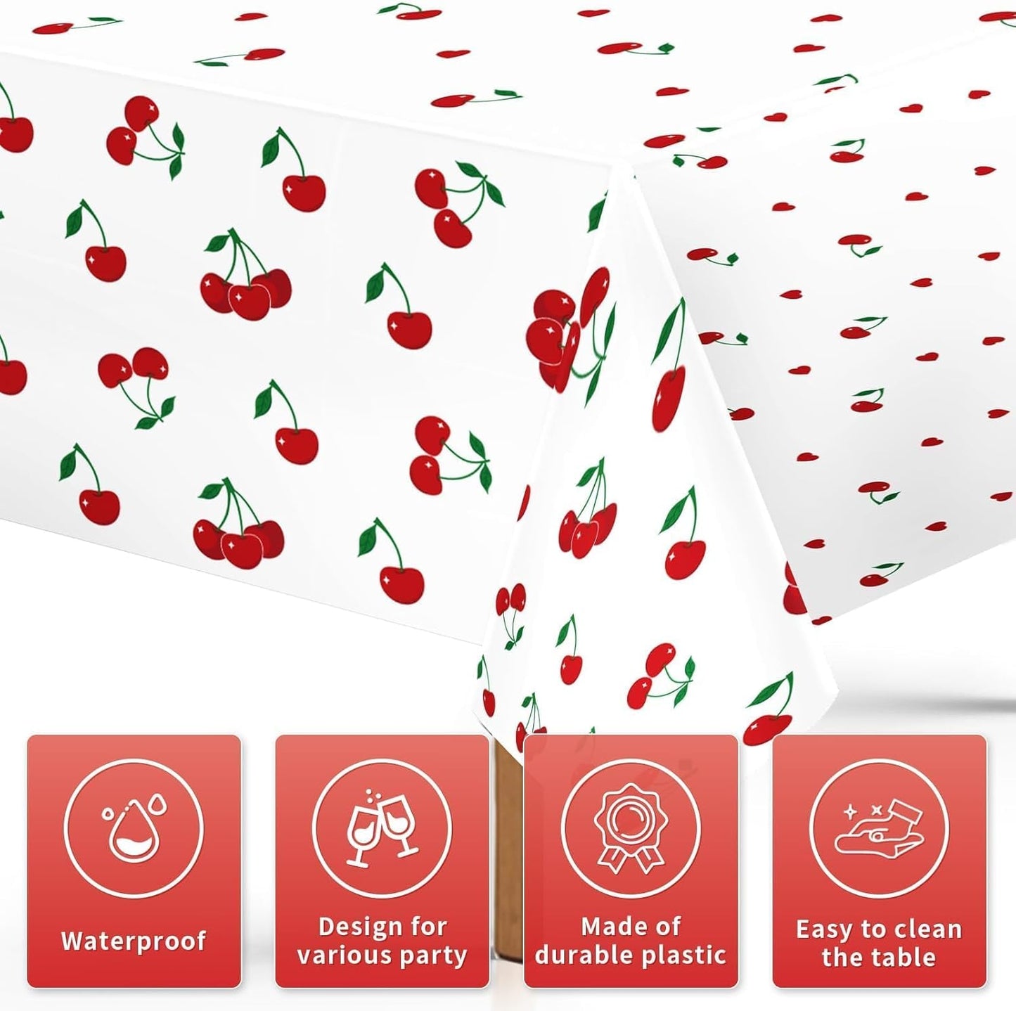 Grencian 3Pcs Cherry Tablecloth Cherry Table Cover Plastic Rectangle Fruit Theme Table Cloth for Cherries Birthday Wedding Bridal Baby Shower Party Decorations, 54 X 108 Inch