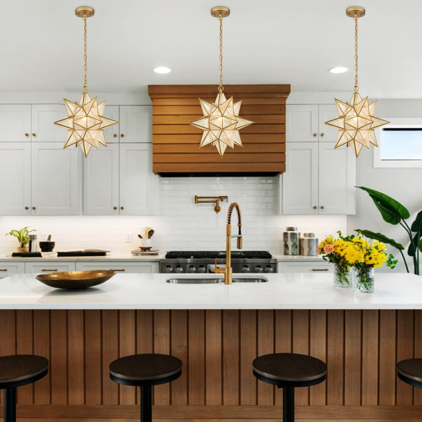 DIRYZON Moravian Star Pendant Light 20-Inch Large Hanging Ceiling Light Modern Gold Finish with Seeded Glass Adjustable Chain