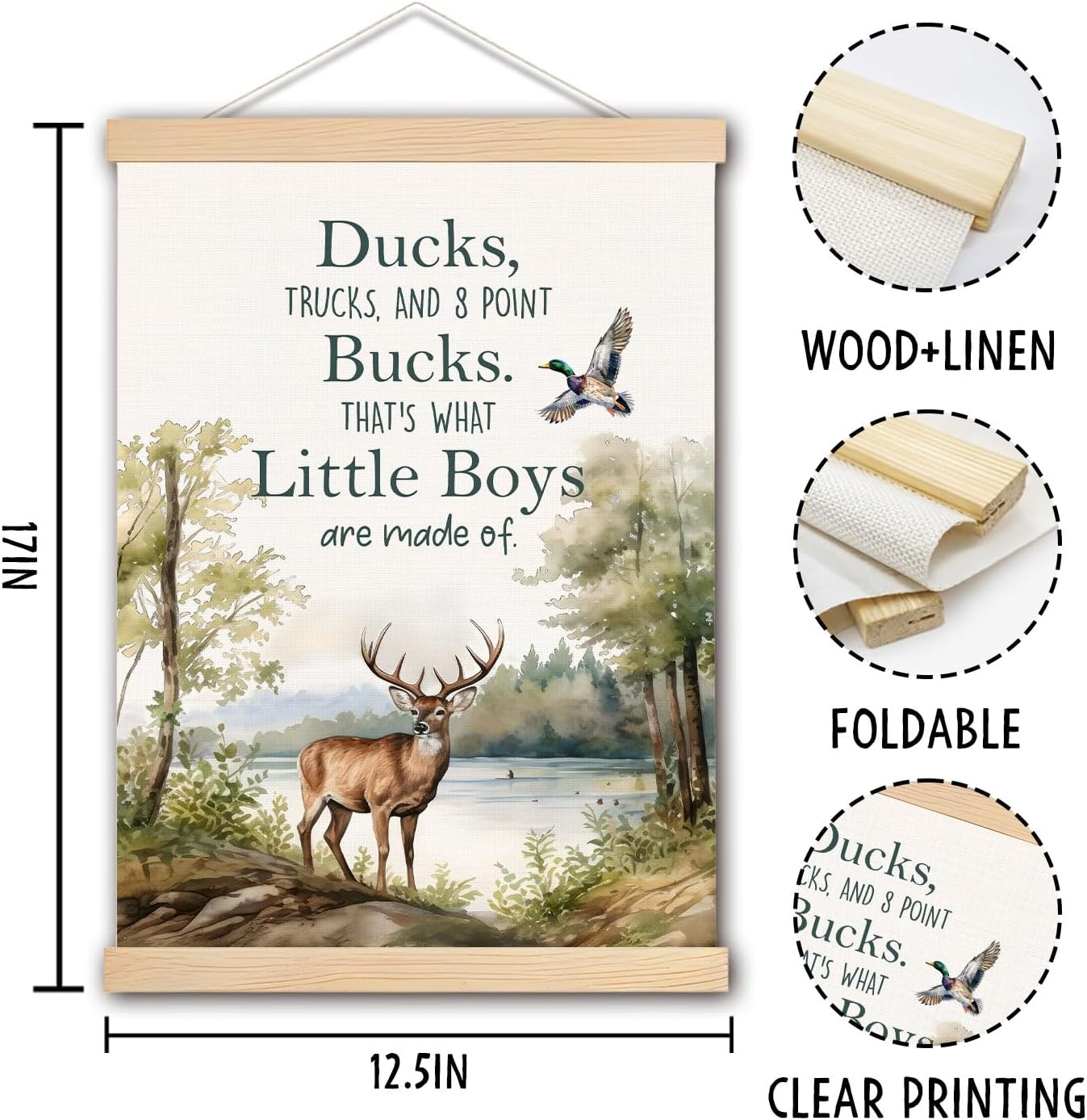 pouep Boys Nursery Wall Art Poster, Forest Nursery Decor, Farmhouse Woods Wild Deer Duck Canvas Prints Wall Decor for Toddler Kids Boys Bedroom Playroom Classroom, 12x16 Inches