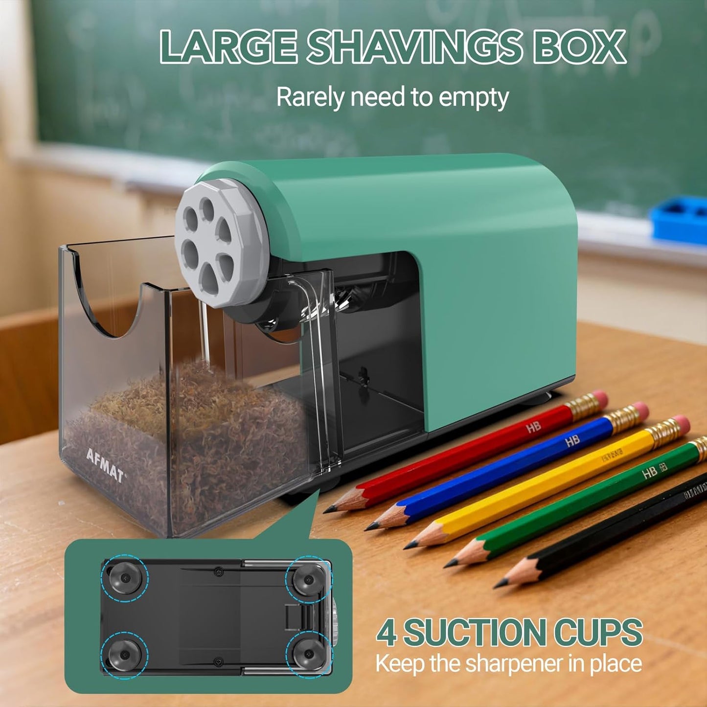 AFMAT PSD2 Electric Pencil Sharpener Heavy Duty, 6 Holes, Cordless & Rechargeable, Fast Sharpen, Auto Stop, 10K+ Uses, Classroom Pencil Sharpener for 6-11mm No.2/Large/Colored Pencils, Green