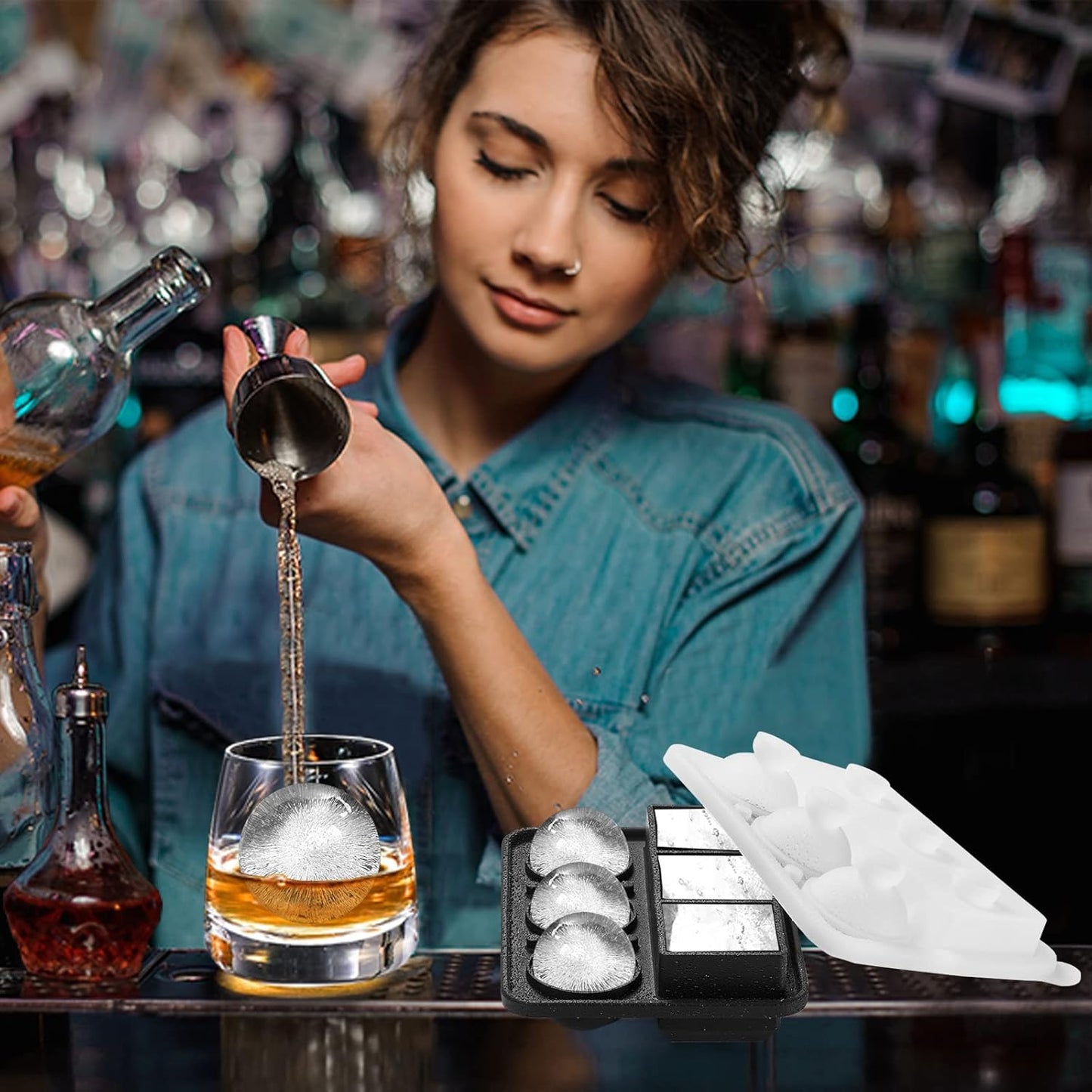 Nax Caki Ice Cube Molds Tray, Large Silicone Whiskey Ice Mold,2-in-1 Round Sphere Ice Ball Maker & Square Ice Trays for Cocktails, Bourbon, Whiskey Gifts for Men from Daughter Wife Son Kids… Black