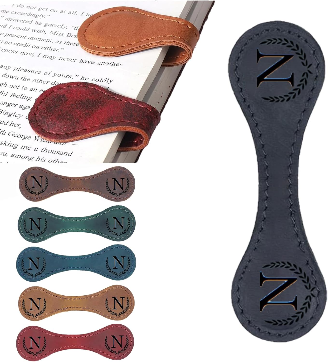 Personalized Magnetic Leather Bookmark, 26 Letters Custom Leather Bookmarks, Handmade, Leather Magnetic Bookmark for Book Lovers Readers Women Kid(Black，N）