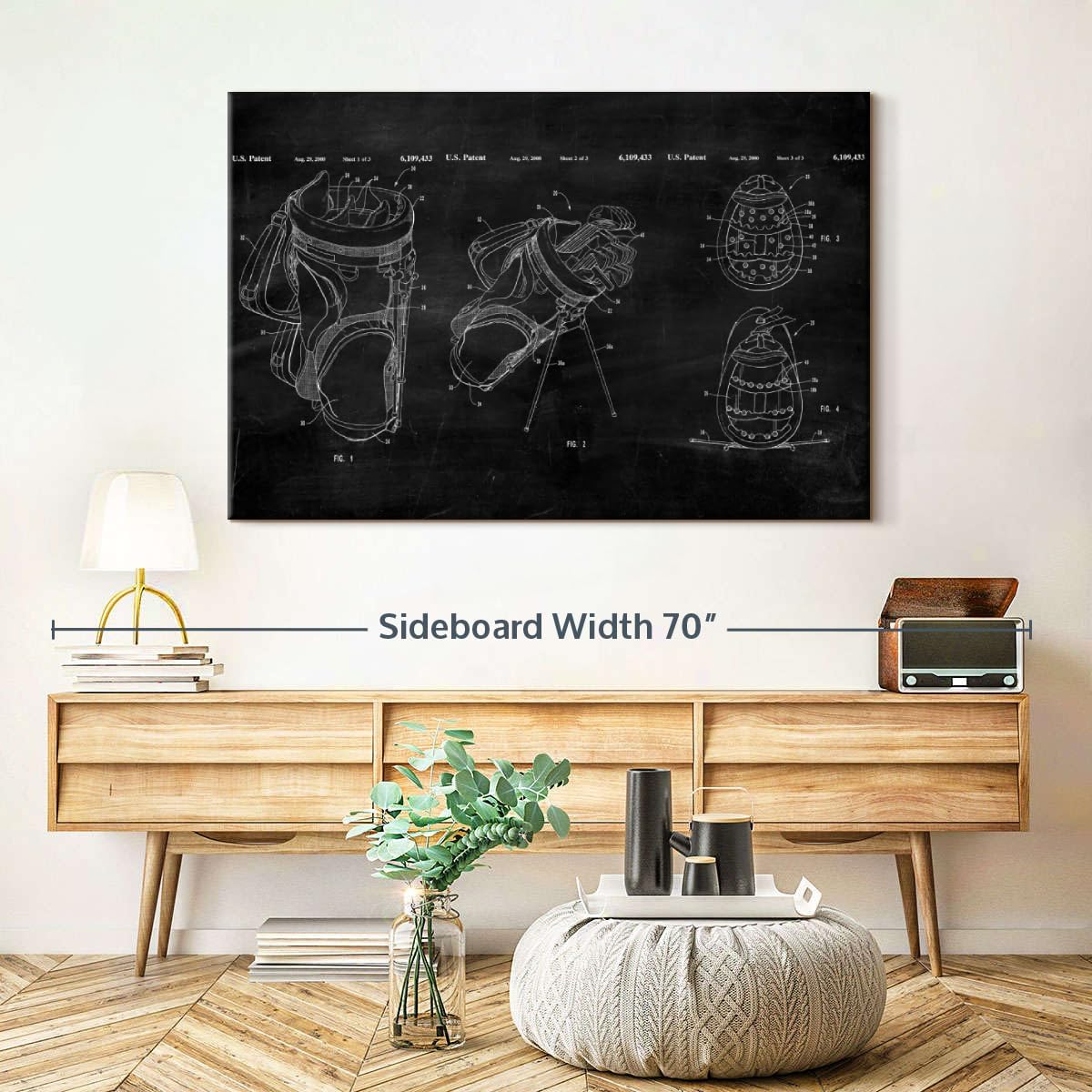 ElephantStock Ridged Golf Bag Dividers BW Patent Canvas - 1 Panel Sports Patent Wall Art Decor - Sports Decorations for Boys Room - Wall Art and Office Decor - 48" X 32"