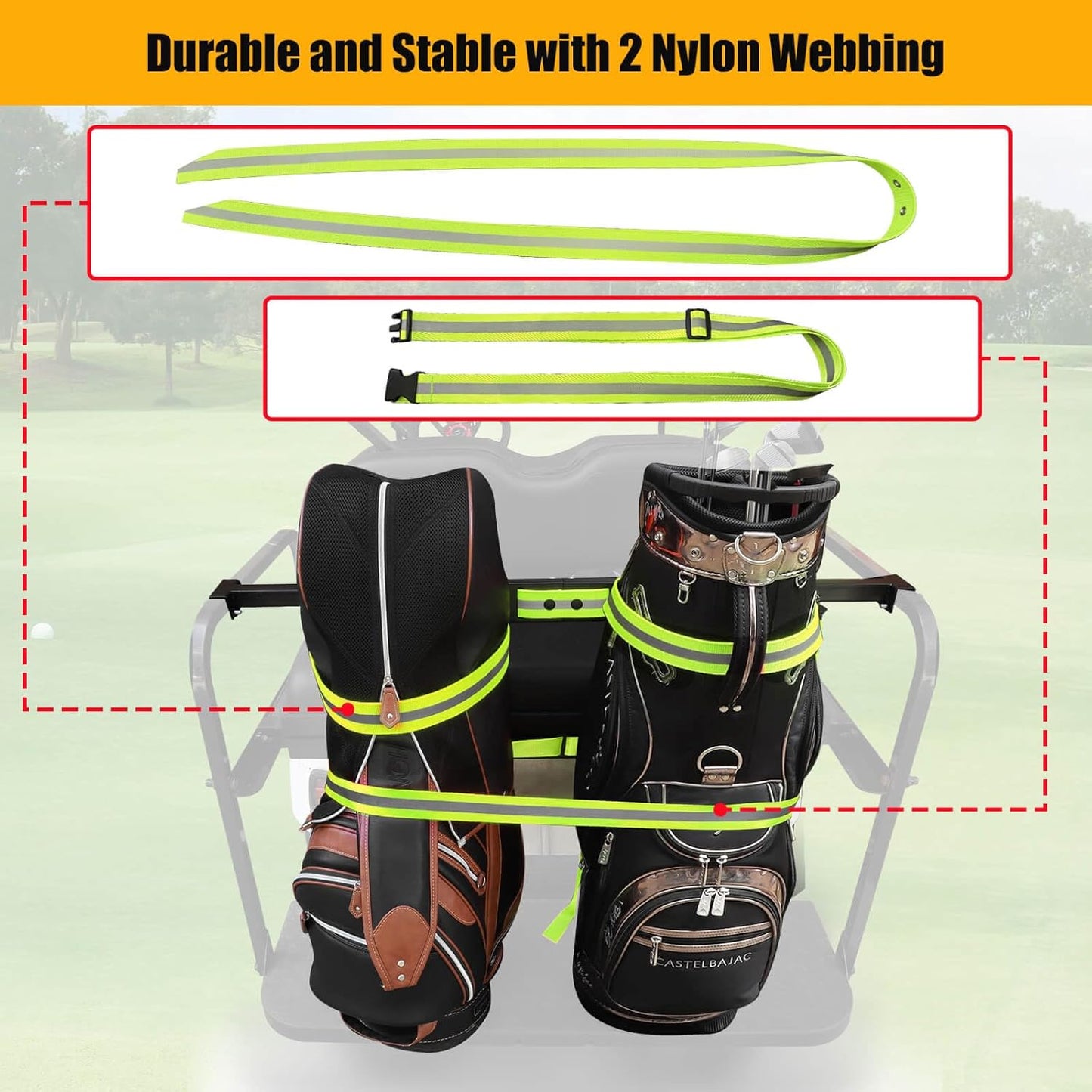 No Drilling Golf Cart Bag Holder Bracket for 2+2 Golf Cart Rear Seat with 1 Inch Square Tube, Universal Golf Bag Attachment Adjustable for EZGO Club Car Yamaha Golf Carts