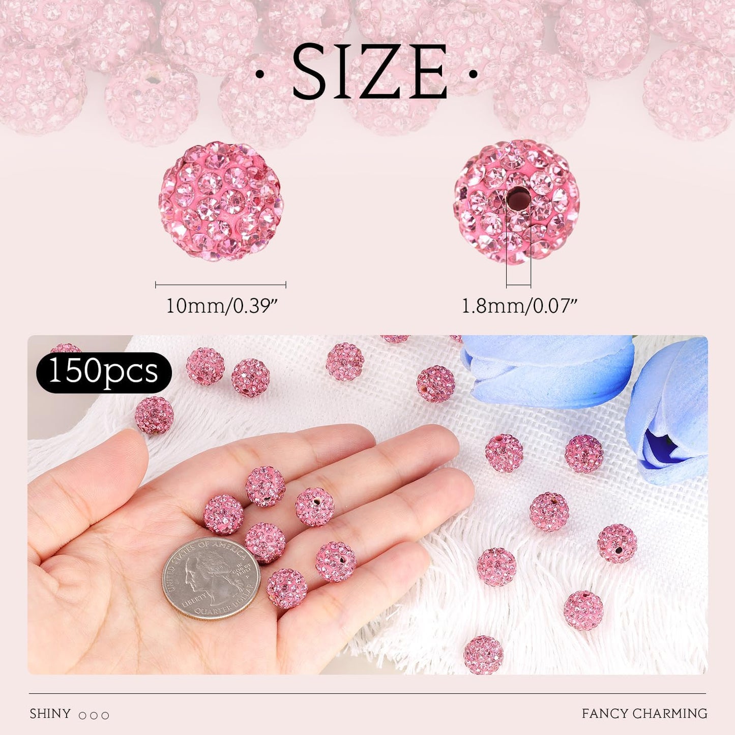 150pcs 10mm Rhinestone Beads for Jewelry Making, Dark Pink Shiny Round Shamballa Disco Ball Beads Bulk, Sparkle Crystal Clay Christmas for Bracelet Baseball Necklace Earring Crafting and DIY