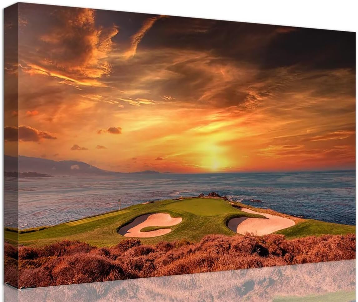 Pebble Beach Golf Course Hole 7 Wall Art for Living Room Bedroom Bathroom Home Decorations Monterey California USA Golf Course Picture Poster Framed Artwork Canvas Prints Ready to Hang(12''H x 16''W)