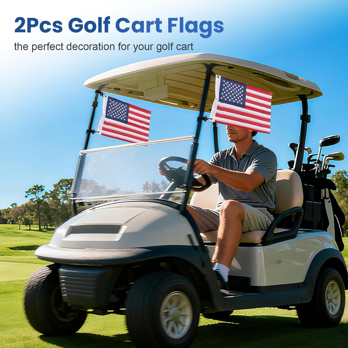 Golf Cart Flags 2Pcs, 12" x 18" American Flags for Golf Cart, USA Golf Flags with Elastic Strap Bracket, Golf Cart Accessories Boat Flag for Bike, Car