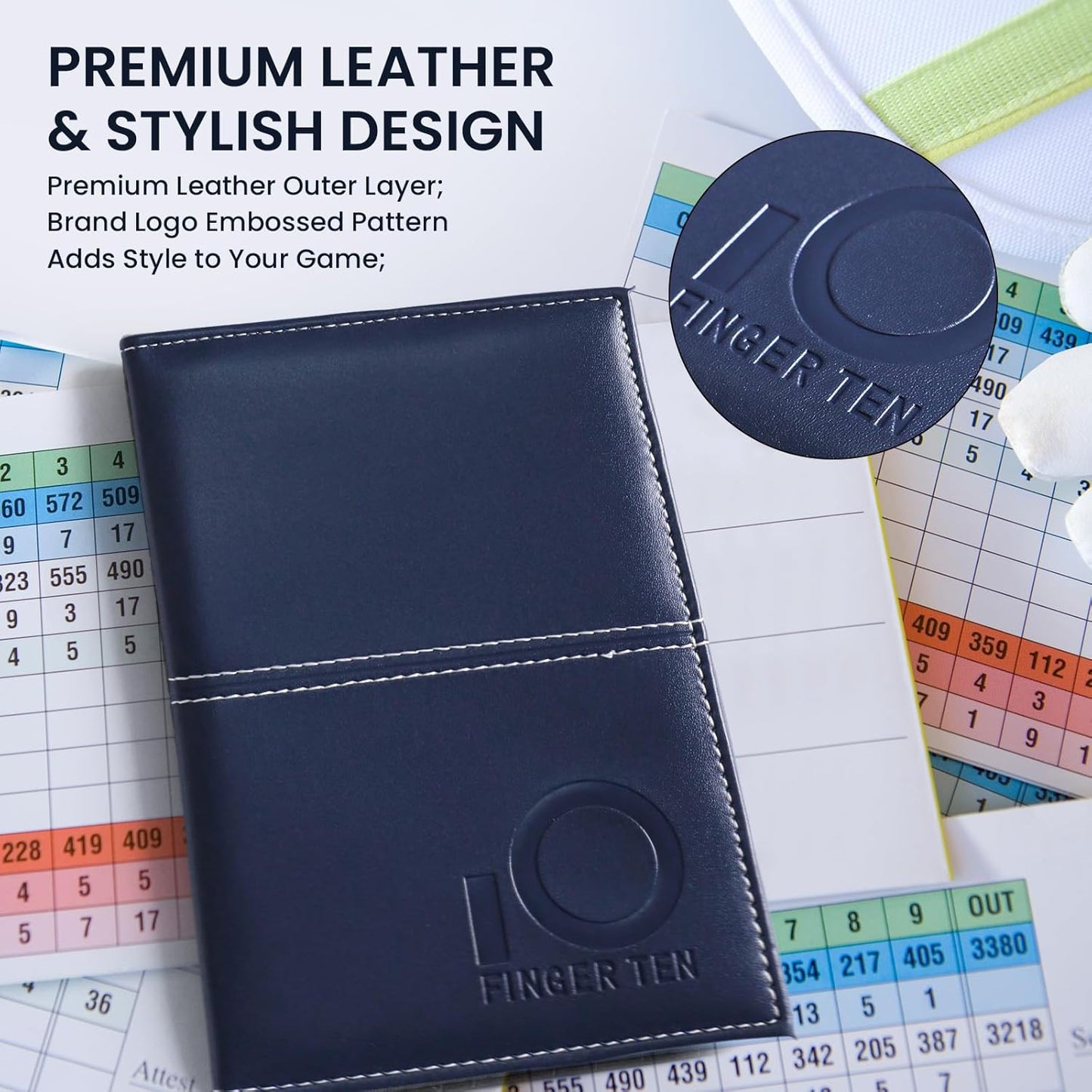 FINGER TEN Golf Scorecard Holder Leather Yardage Books Cover Lucky Clover with 2 Free Pencil Value Pack Deluxe Pocket Score Card Covers Gift for Men Women Golfer
