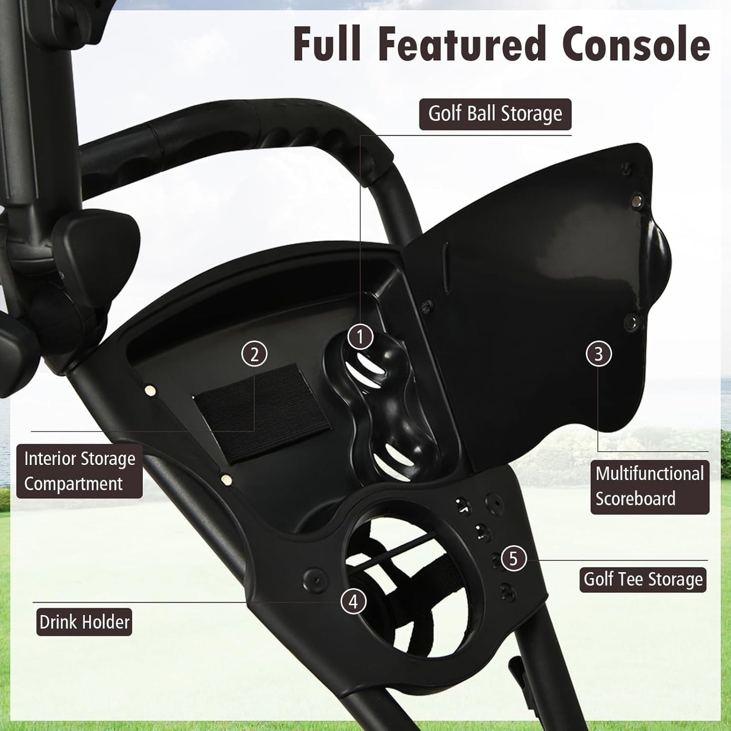 ULTIMATE 3 Wheel Golf Push Cart, Aluminum Folding Golf Walking Push Cart w/Elastic Strap, Umbrella & Cup Holder, Scoreboard Storage, Insulated Storage Bag, Adjustable Handle & Foot Brake