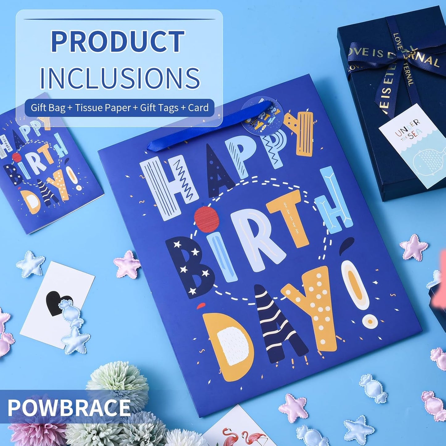 13" Blue Happy Birthday Bag with Tissue Paper and Greeting Card for Party,Happy Birthday Gift Bag for Kids, Boys, Girls, Baby Boy,Men Women,Gift Bags Medium size (1 PCS Blue, Kids Gift Bag)