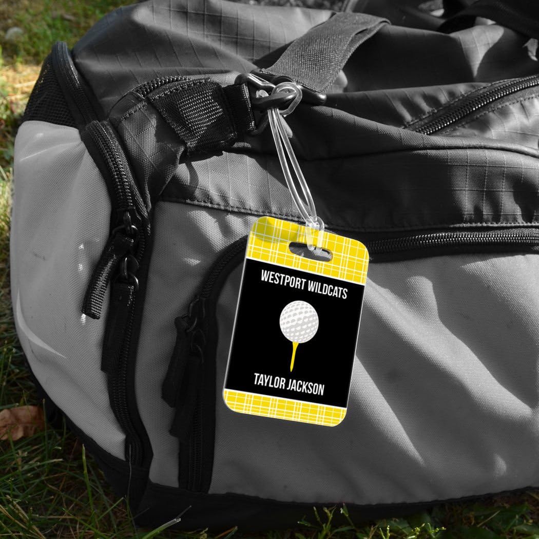 ChalkTallkSPORTS Golf Luggage & Bag Tag | Personalized Team with Golf Ball | Standard Lines on Back | Medium | Yellow/Black