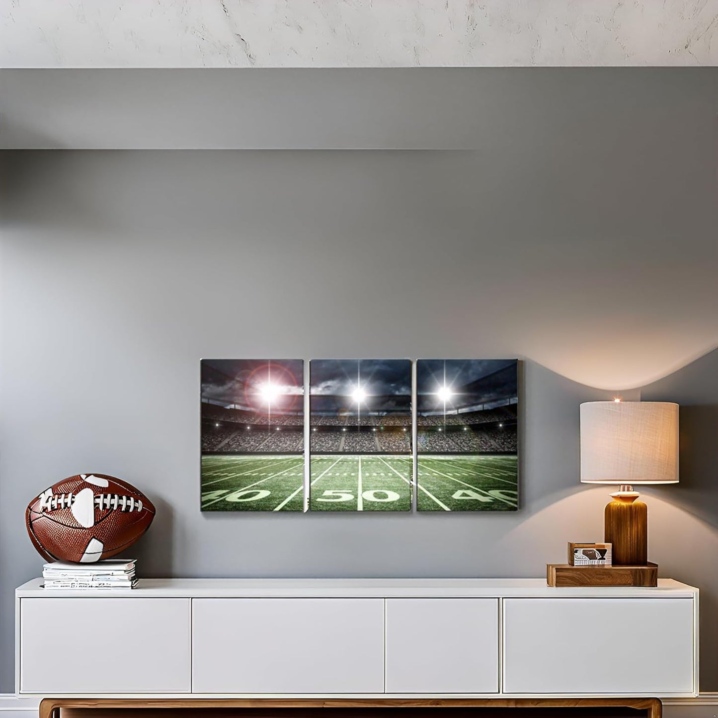 American Football Large Artwork Dorm Kids Room Canvas Wall Art Green Spotlight Rugby Field Match Sport Picture for Boy Bedroom Playroom Wall Décor Framed 16x24inch
