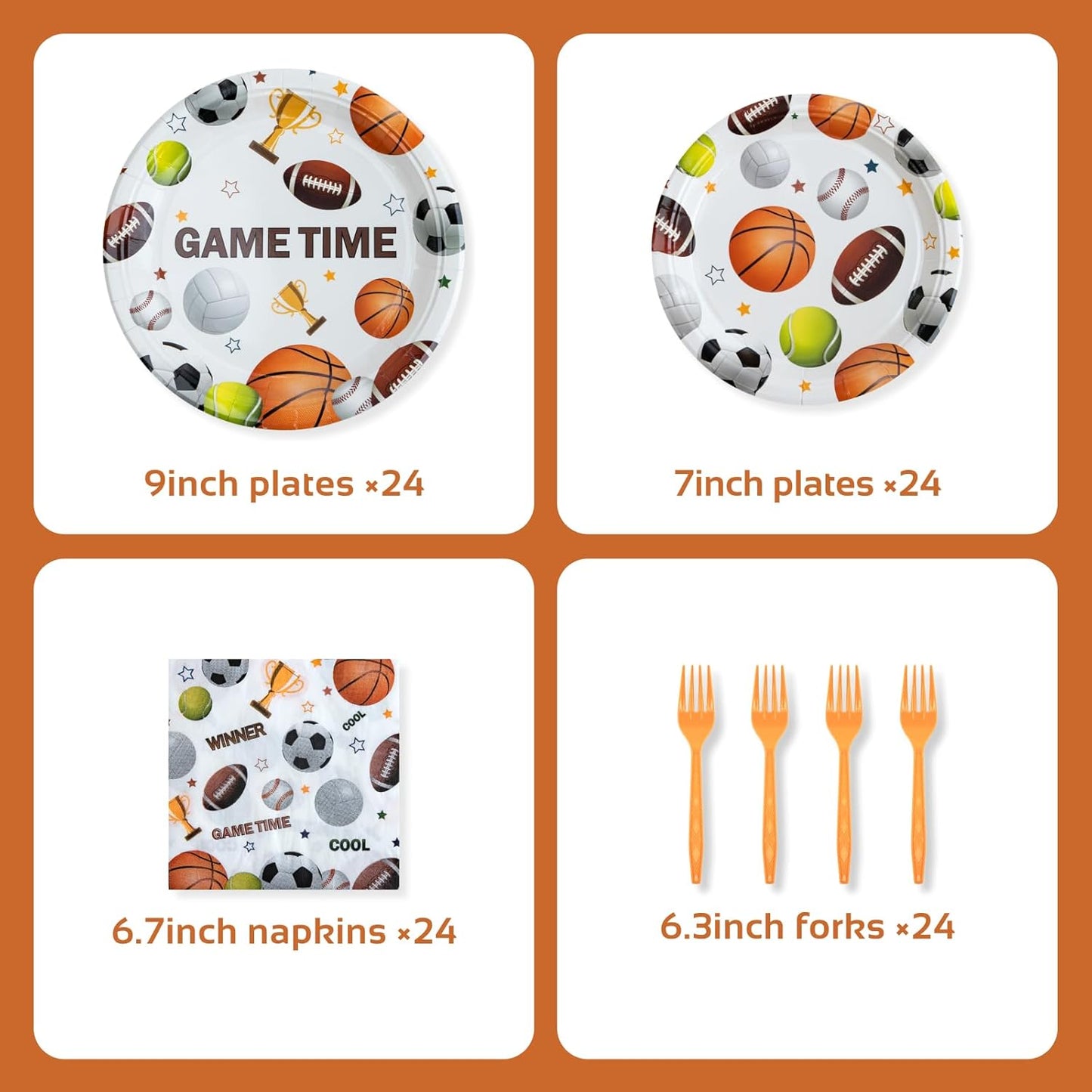 Sports Party Decorations - All-Star Sports Themed Birthday Party Tableware Set Includes Plates, Napkins, Forks, Dinnerware Kit for Baseball, Soccer, Basketball, Tennis, Football Games | Serve 24